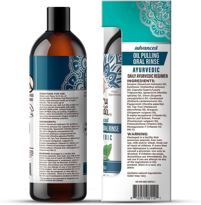 Gurunanda Advanced Oil Pulling Mouthwash for Enhanced Oral Care with Sesame & Oregano Oil, Promotes Deep Cleaning for Healthy Teeth & Gums, Alcohol-Free, 8 Oz