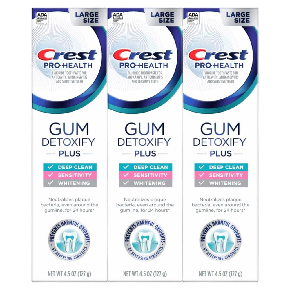 Crest Pro-Health Gum Detoxify plus Toothpaste 4.5 Oz Pack of 3 - Antibacterial Fluoride Toothpaste, Sensitivity Protection, Whitens Teeth, Anticavity, Plaque Control