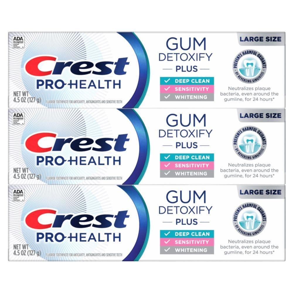 Crest Pro-Health Gum Detoxify plus Toothpaste 4.5 Oz Pack of 3 - Antibacterial Fluoride Toothpaste, Sensitivity Protection, Whitens Teeth, Anticavity, Plaque Control