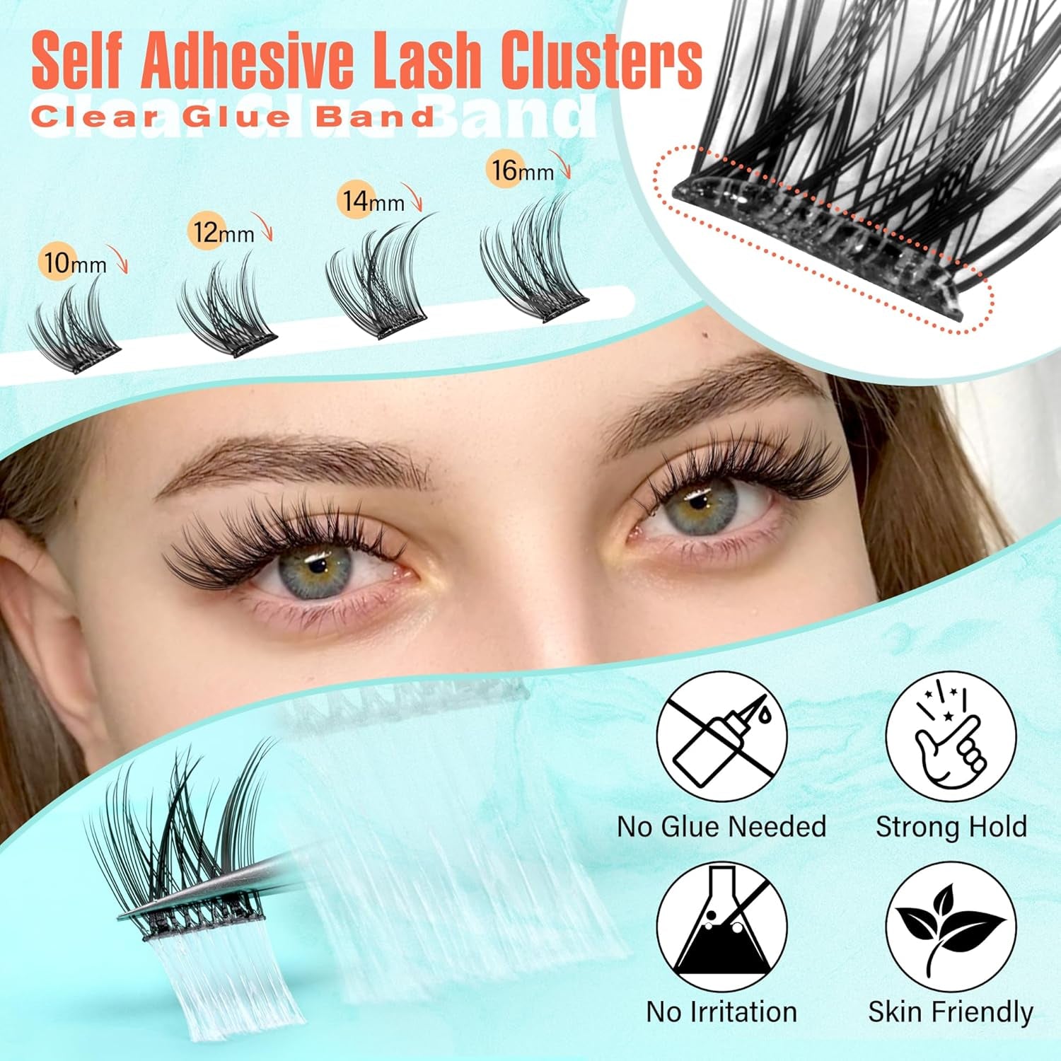 Self Adhesive Lash Clusters Natural Self Adhesive Eyelashes Glueless Lashes Cat Eye Pre Glued Lashes Reusable Wispy Cluster Lashes No Glue Needed Fluffy Self Adhesive Lashes 10-16MM by Zegaine