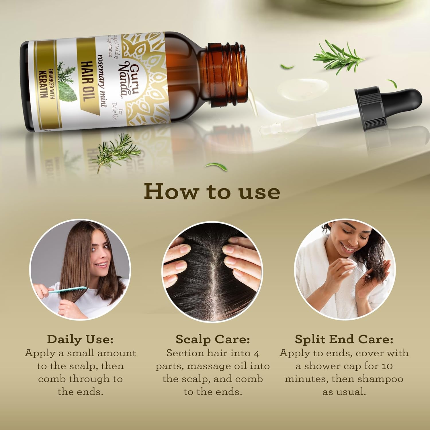 Gurunanda Rosemary Mint for Hair Growth with Keratin & Vitamin E Oil - Encourages Scalp, Shine & Hair Strengthening- 100% Natural, Cruelty-Free, 2Oz
