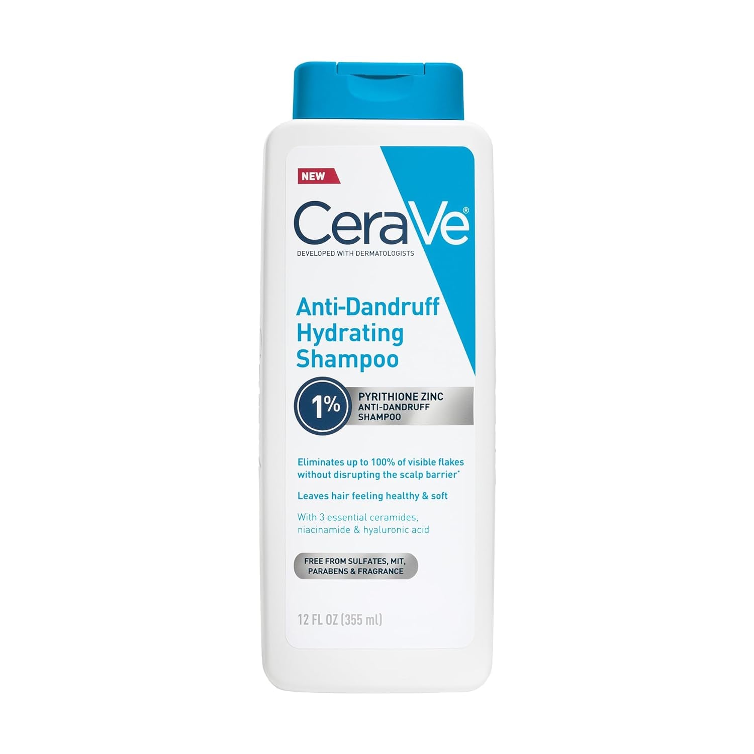Cerave Hydrating anti Dandruff Shampoo, 1% Pyrithione Zinc Dandruff Treatment with Ceramides, Niacinamide & Hyaluronic Acid, Helps Eliminate Flakes & Provides Itchy Scalp Relief, Sulfate Free, 12 Oz