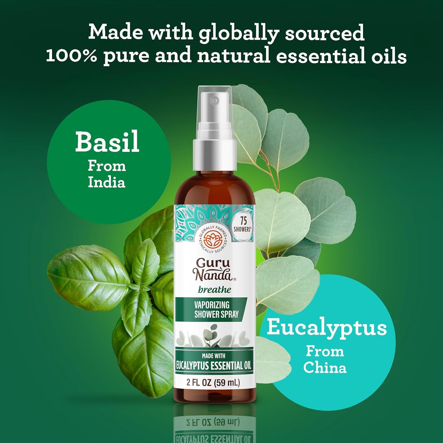 Gurunanda Breathe Vaporizing Shower Spray, Natural Spa Mist & Room Spray with Eucalyptus & Basil for Congestion Aid & Support Mental Clarity, 2 Fl Oz