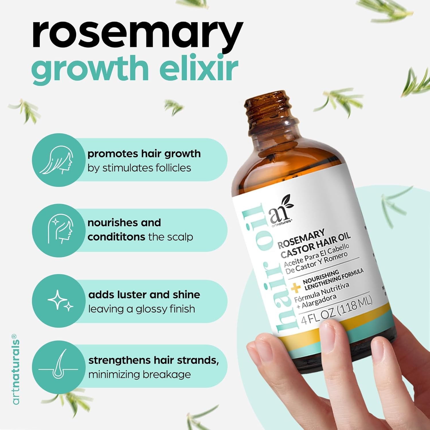 Artnaturals Organic Rosemary & Castor Hair Growth Oil + Scalp Massager Set – Hair Styling Oils for Dry, Itchy Scalp, Thickening & Hydration - Scalp Oil Products for Damaged Hair & Split Ends – 4.0 Oz