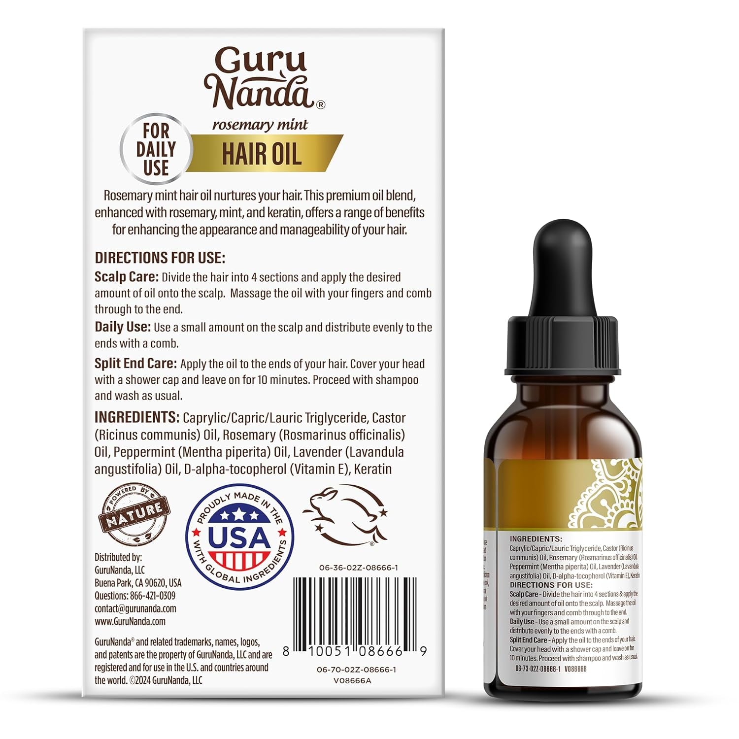 Gurunanda Rosemary Mint for Hair Growth with Keratin & Vitamin E Oil - Encourages Scalp, Shine & Hair Strengthening- 100% Natural, Cruelty-Free, 2Oz