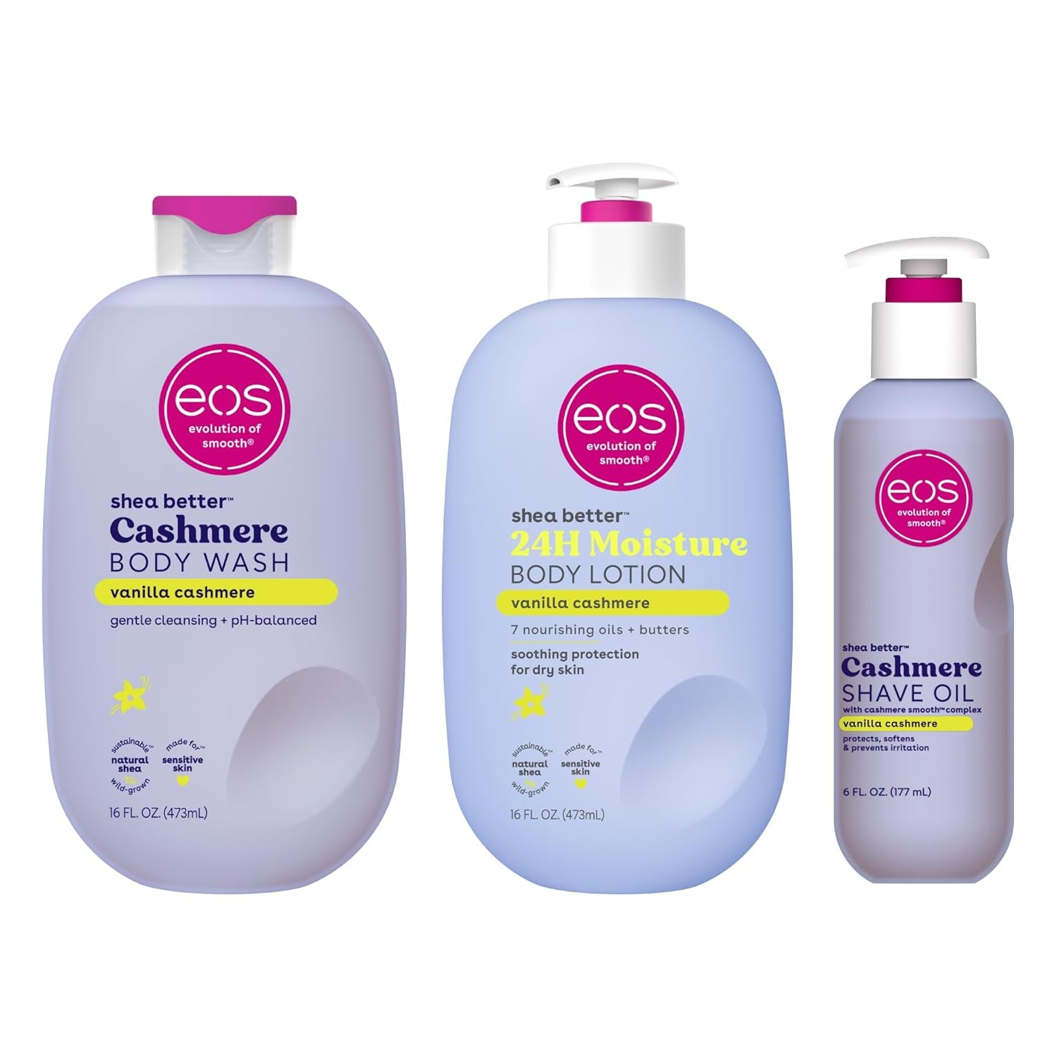 Eos Shower Essentials Bundle- Body Lotion, Body Wash, Shave Oil - Vanilla Cashmere