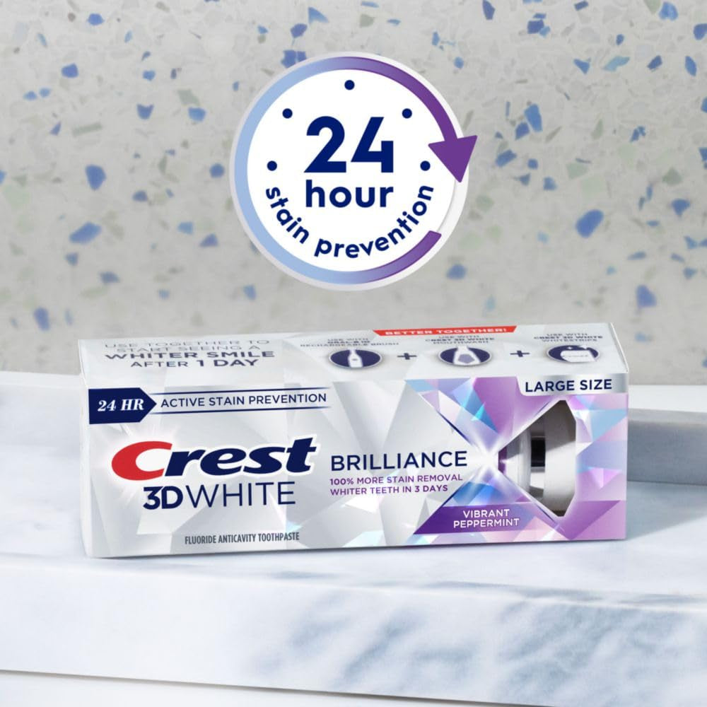 Crest 3D White Brilliance Vibrant Peppermint Teeth Whitening Toothpaste, 4.6 Oz Pack of 3, Anticavity Fluoride Toothpaste, 100% More Surface Stain Removal, 24 Hour Active Stain Prevention