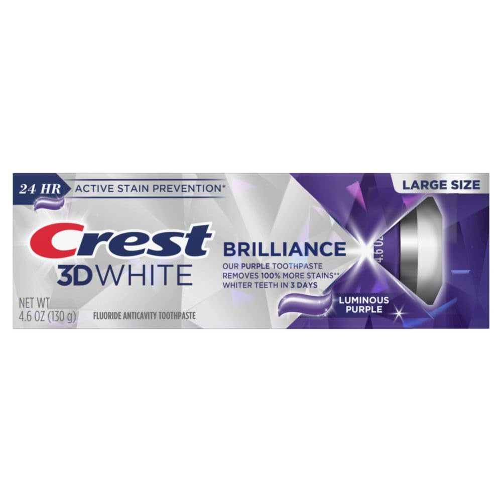 Crest 3D White Brilliance Luminous Purple Teeth Whitening Toothpaste, 4.6 Oz Pack of 3, Anticavity Fluoride Toothpaste, Fights 100% More Surface Stains, 24 Hour Active Stain Prevention