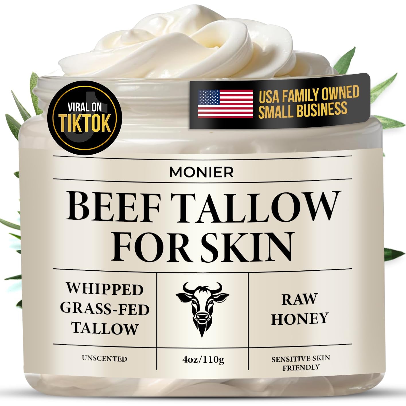 MONIER Whipped Beef Tallow for Skin, Tallow and Honey Balm for Face, Moisturizer with 100% Organic Grass-Fed Beef Tallow & Raw Wild Honey - Natural Formula for Dry & Sensitive Skin (Unscented)
