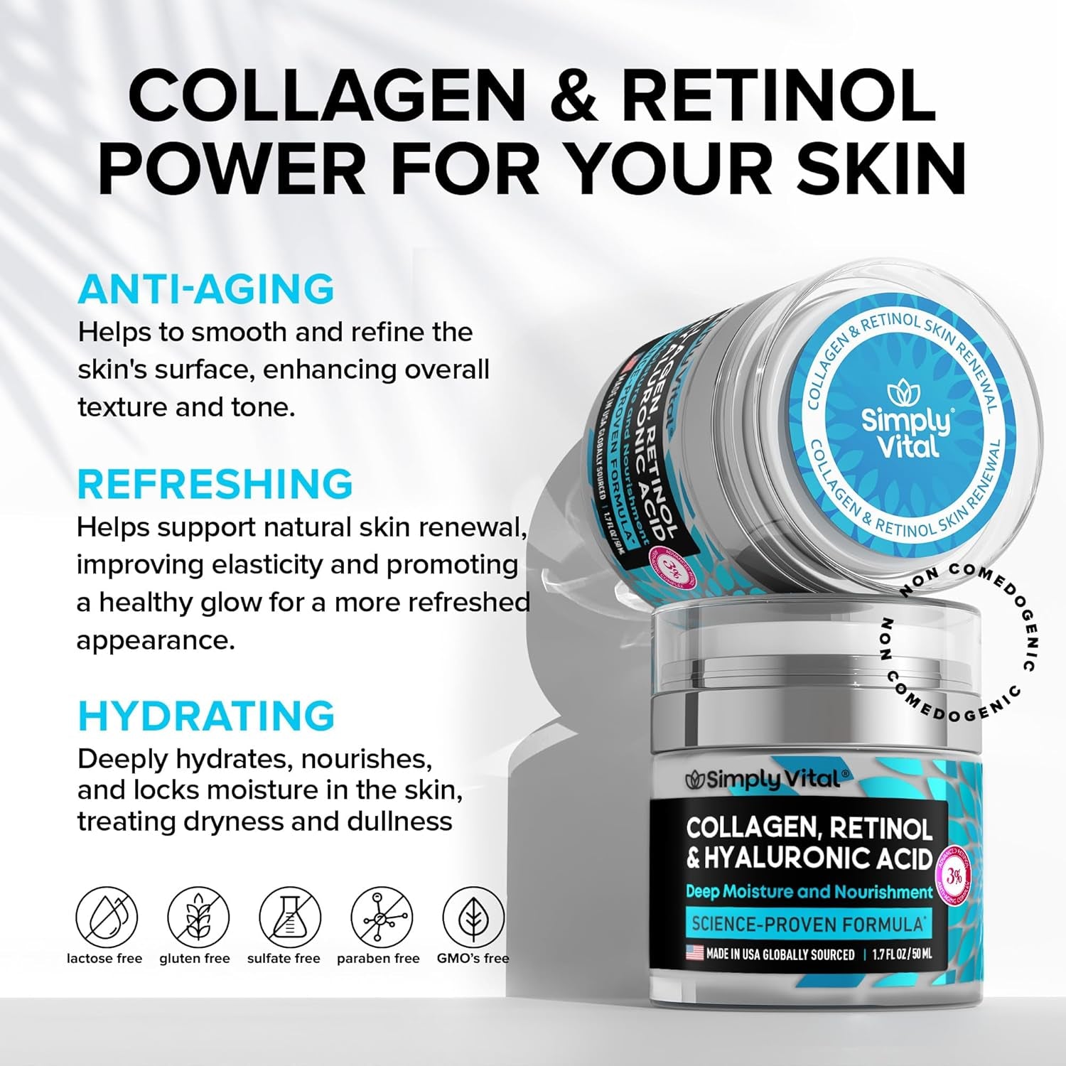 Simplyvital Collagen, Retinol & Hyaluronic Acid Cream - Anti-Aging Face Moisturizer for Face, Neck & Décolleté - Made in USA, Daily Moisturizer Face Cream - 1.7 Fl.Oz.