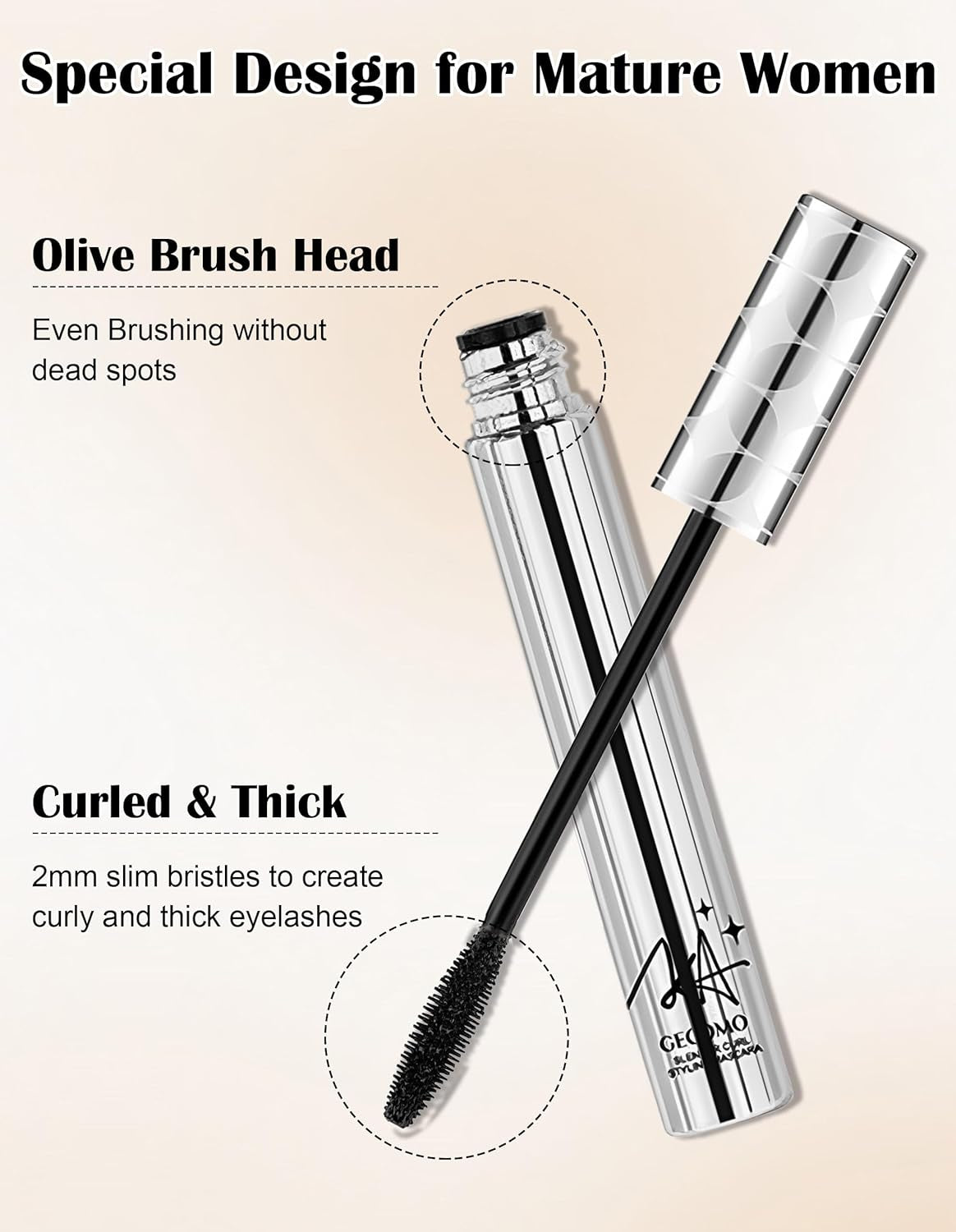 2PCS Mascara for Older Women 60 Plus, Mascara Volume and Length for Mature Women, Hypoallergenic, Sensitive Eyes, No Clumps, Long-Wearing, Waterproof Long Lasting 01