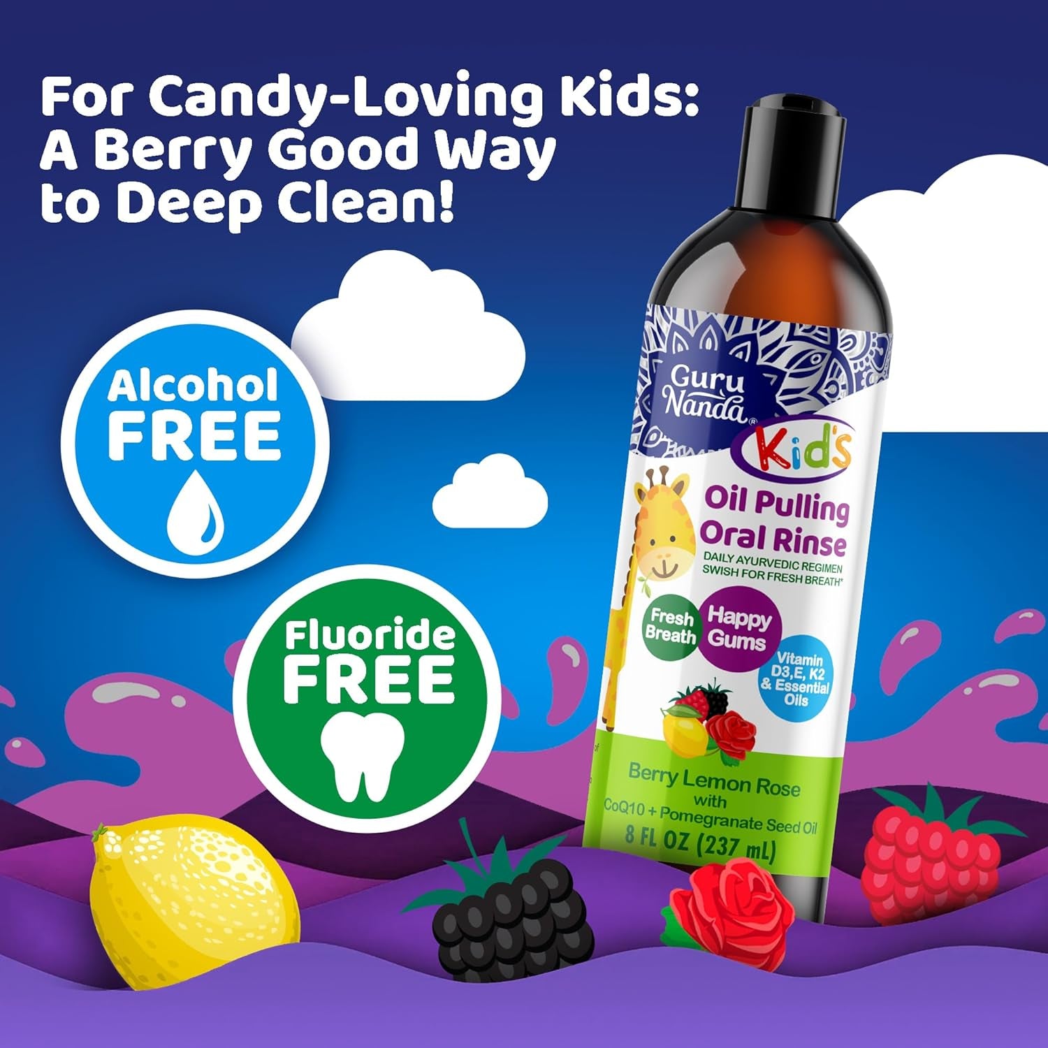 Gurunanda Kids Oil Pulling, Alcohol-Free Mouthwash, Essential Oils & Vitamins for Fresh Breath & Happy Gums for Ages 6 & Up, Natural Berry Lemon Rose, 8 Oz