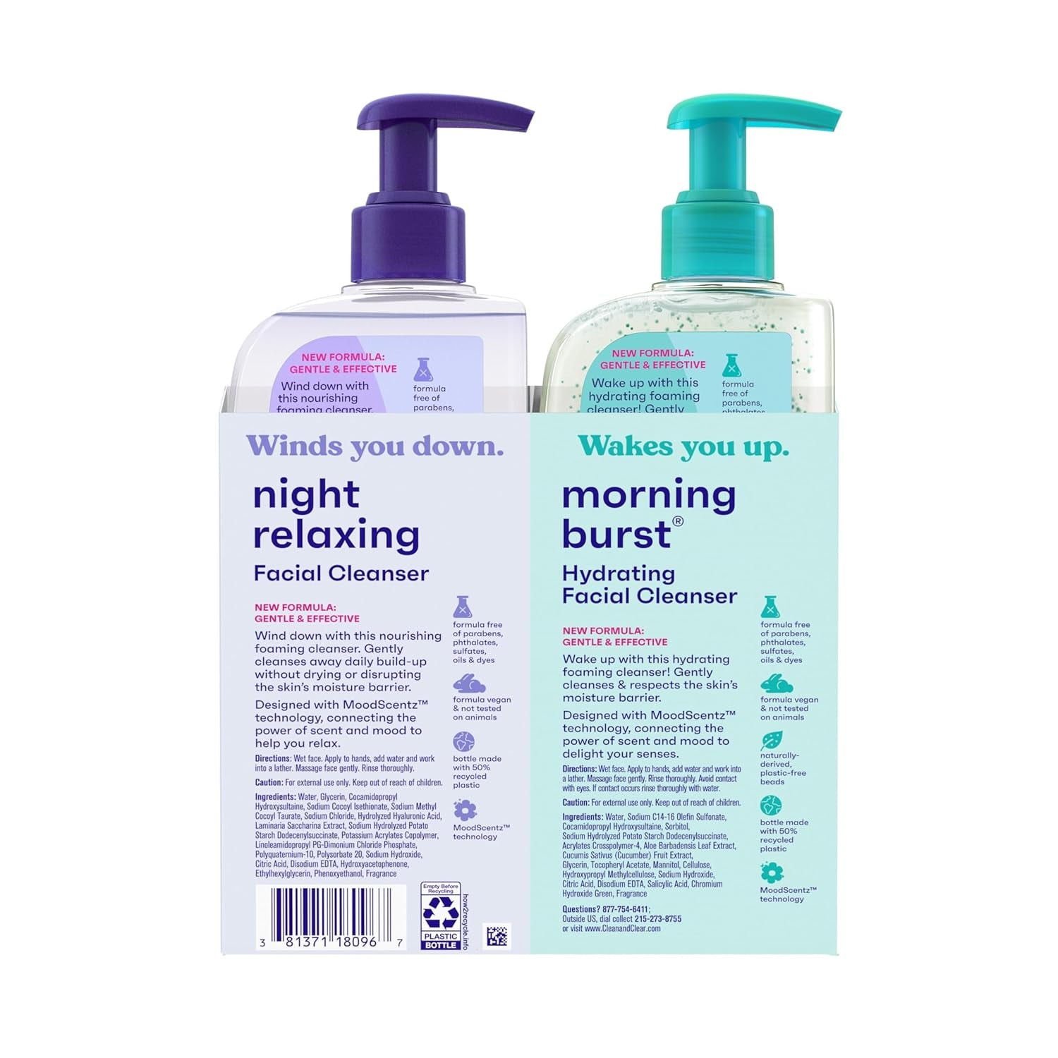 Clean & Clear 2-Pack Day & Night Daily Face Cleansers, Morning Burst Hydrating Facial Cleanser & Night Relaxing Deep Cleansing Face Wash, Oil-Free & Won&