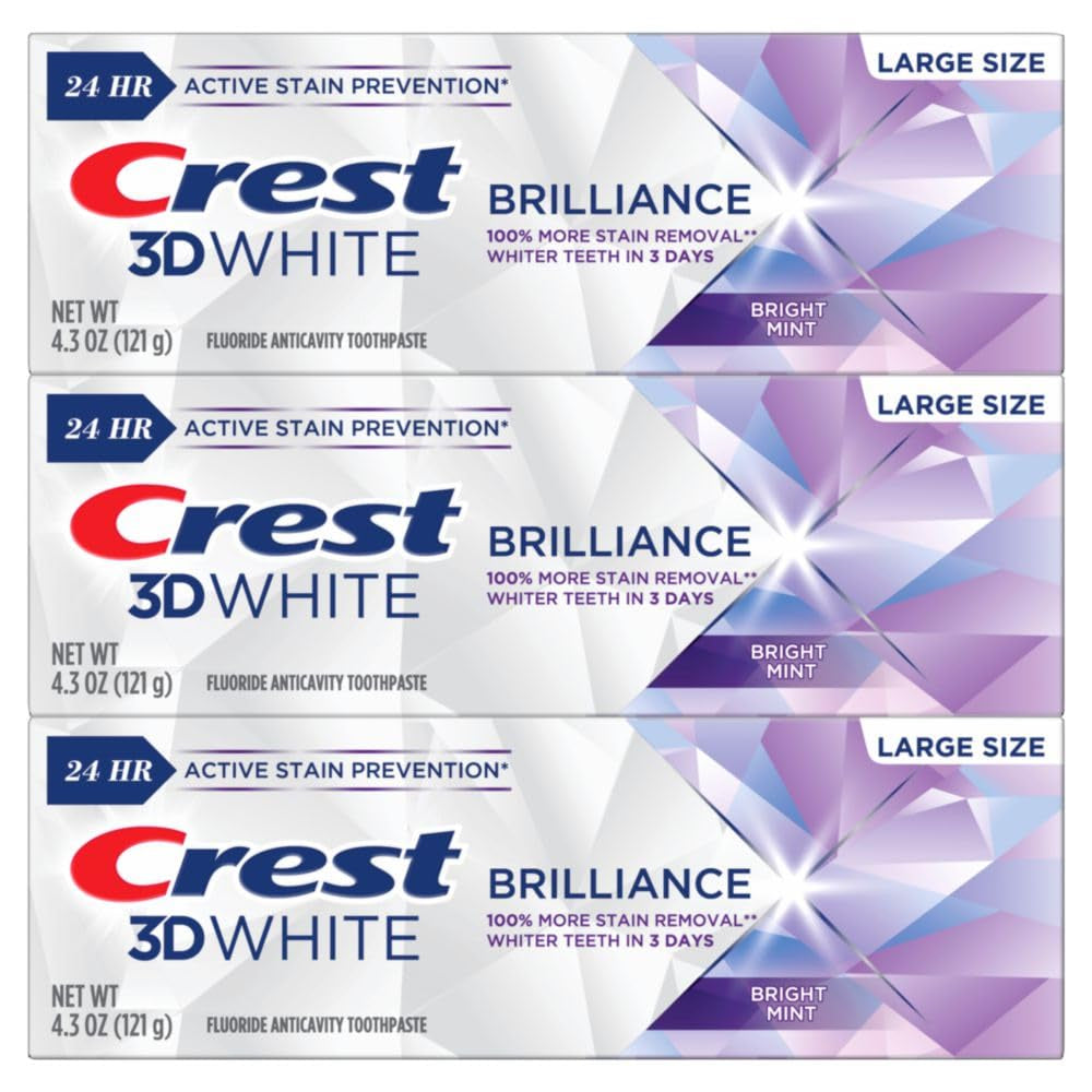 Crest 3D White Brilliance Bright Mint Teeth Whitening Toothpaste, 4.3 Oz Pack of 3, 100% More Surface Stain Removal, 24 Hour Active Stain Prevention, Whiter Teeth in 3 Days