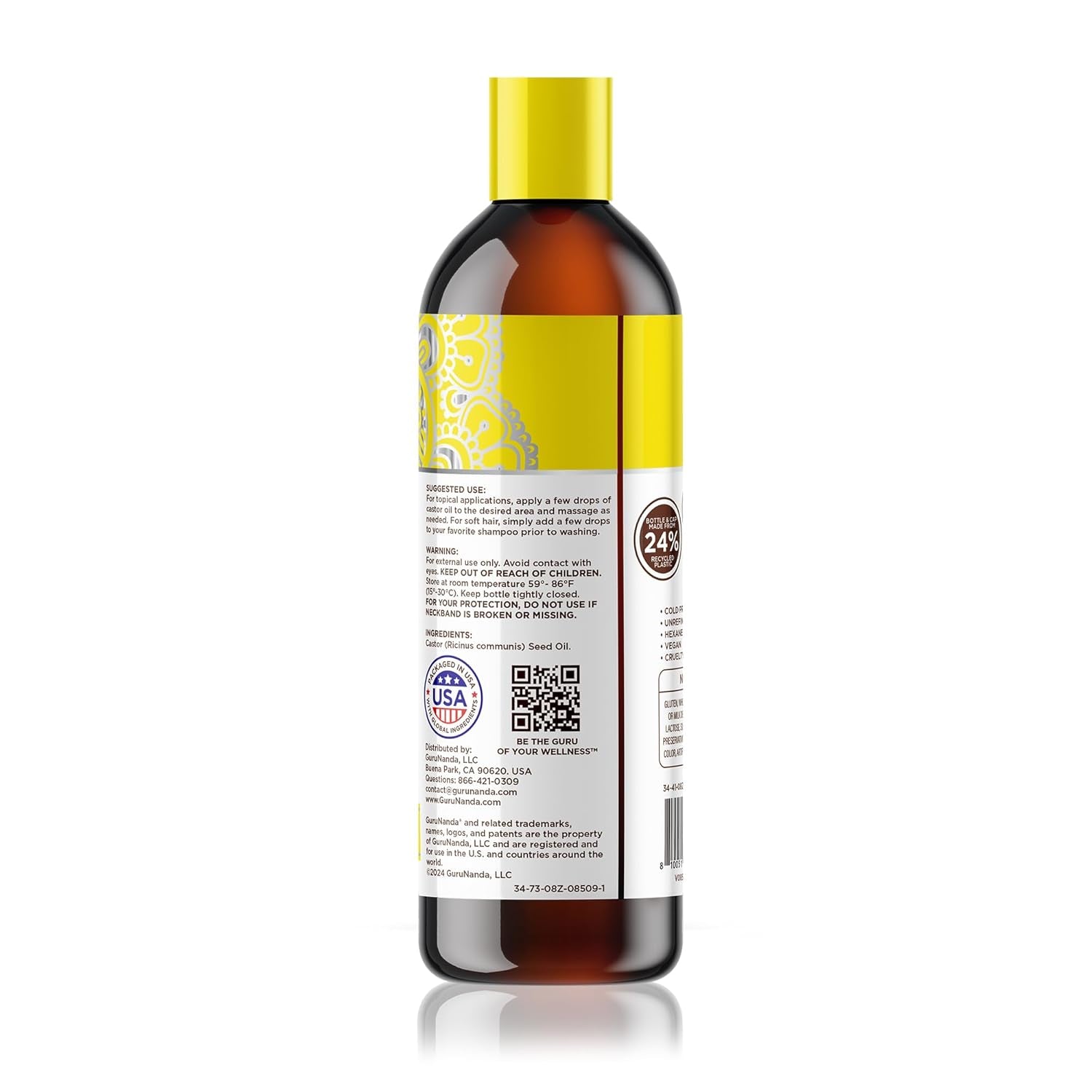 Gurunanda Castor Oil (8 Fl Oz), 100% Pure, Cold Pressed & Hexane-Free, Hydrating Carrier Oil, Natural Castor Oil for Hair, Eyebrows & Eyelashes Growth