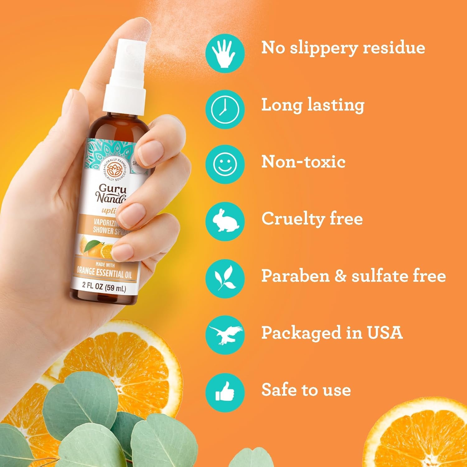 Gurunanda Uplift Vaporizing Shower Spray, Natural Spa Mist & Room Spray with Orange & Eucalyptus to Help in Mood Enhancement & Congestion Aid, 2 Fl Oz