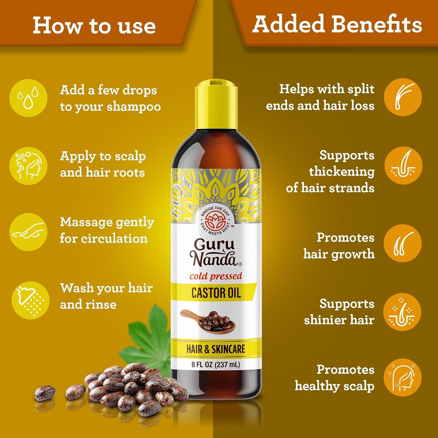 Gurunanda Castor Oil (8 Fl Oz), 100% Pure, Cold Pressed & Hexane-Free, Hydrating Carrier Oil, Natural Castor Oil for Hair, Eyebrows & Eyelashes Growth