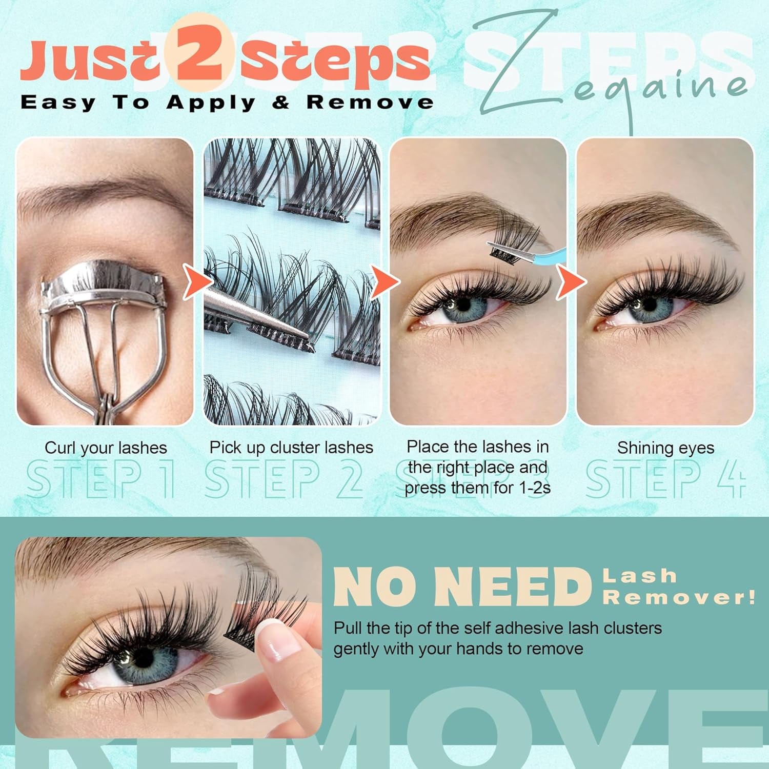 Self Adhesive Lash Clusters Natural Self Adhesive Eyelashes Glueless Lashes Cat Eye Pre Glued Lashes Reusable Wispy Cluster Lashes No Glue Needed Fluffy Self Adhesive Lashes 10-16MM by Zegaine