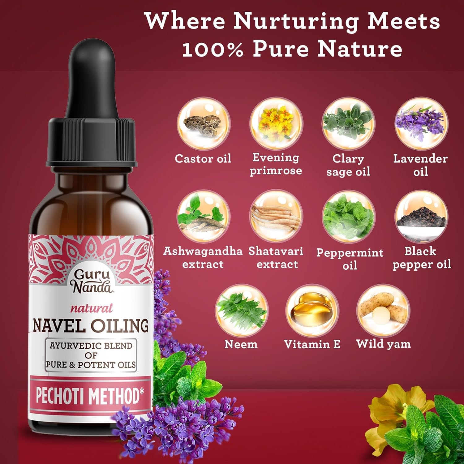Gurunanda Navel Oiling – Ayurvedic Belly Button Oil with Castor, Neem & Vitamin E | Supports Digestion, Detox, Hydration & Stress Relief | 100% Natural & Pure | 2 Fl Oz