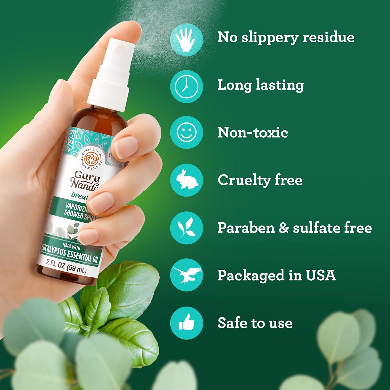 Gurunanda Breathe Vaporizing Shower Spray, Natural Spa Mist & Room Spray with Eucalyptus & Basil for Congestion Aid & Support Mental Clarity, 2 Fl Oz
