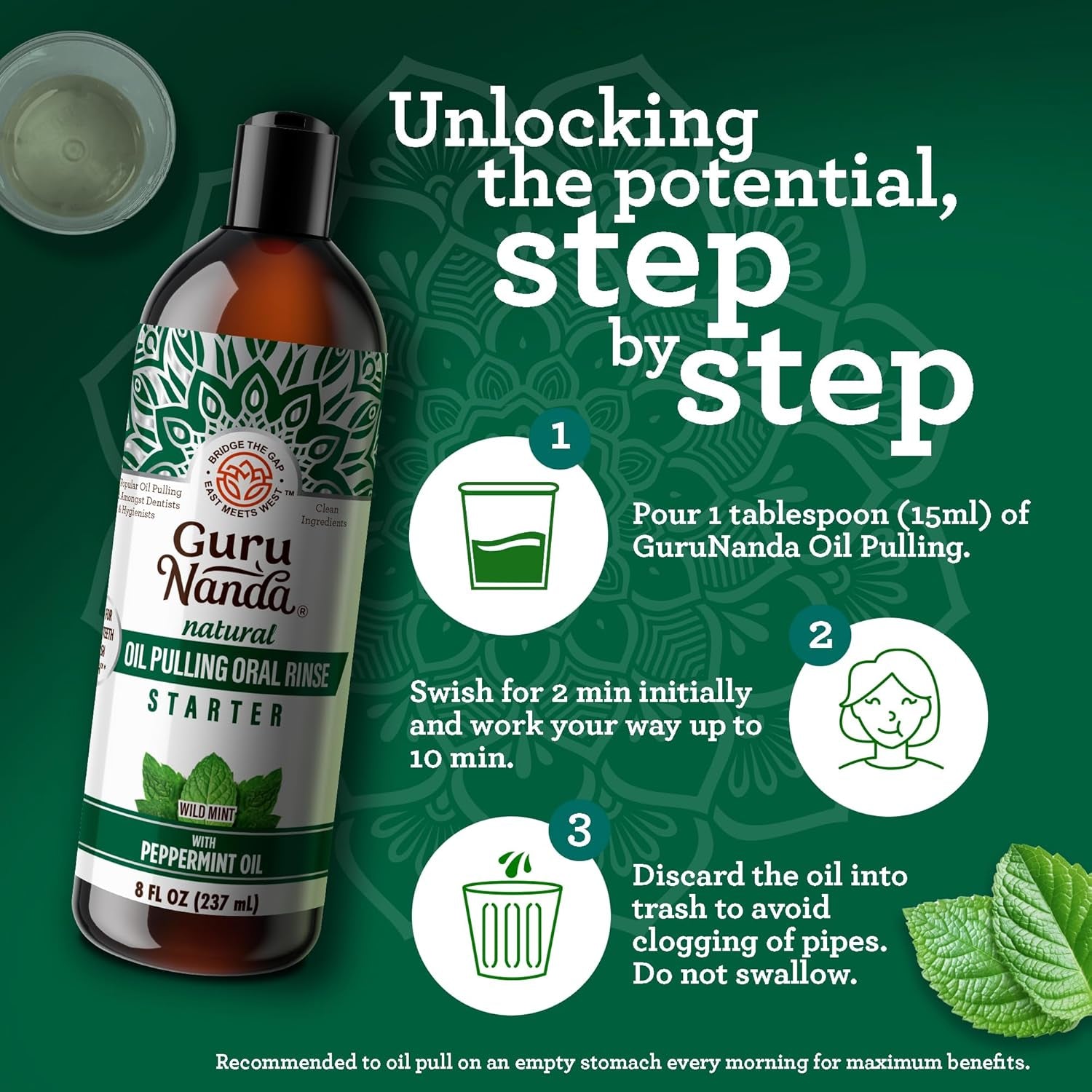 Gurunanda Starter Pulling Oil Mouthwash for Natural Teeth Whitening, Coconut and Peppermint Oil for Fresh Breath & Happy Gums, Alcohol-Free, 8 Oz