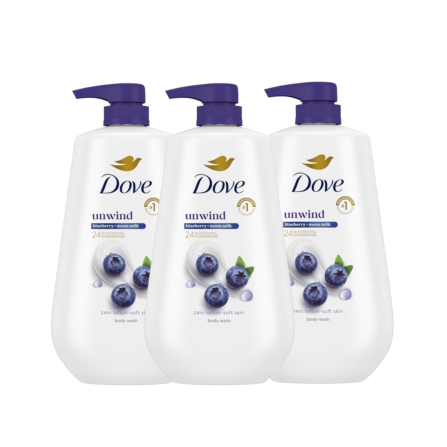 Dove Body Wash for 24Hr Lotion-Soft Skin 3 Count Unwind Blueberry & Moon Milk Moisturizing Skin Cleanser with No Sulfates No Parabens