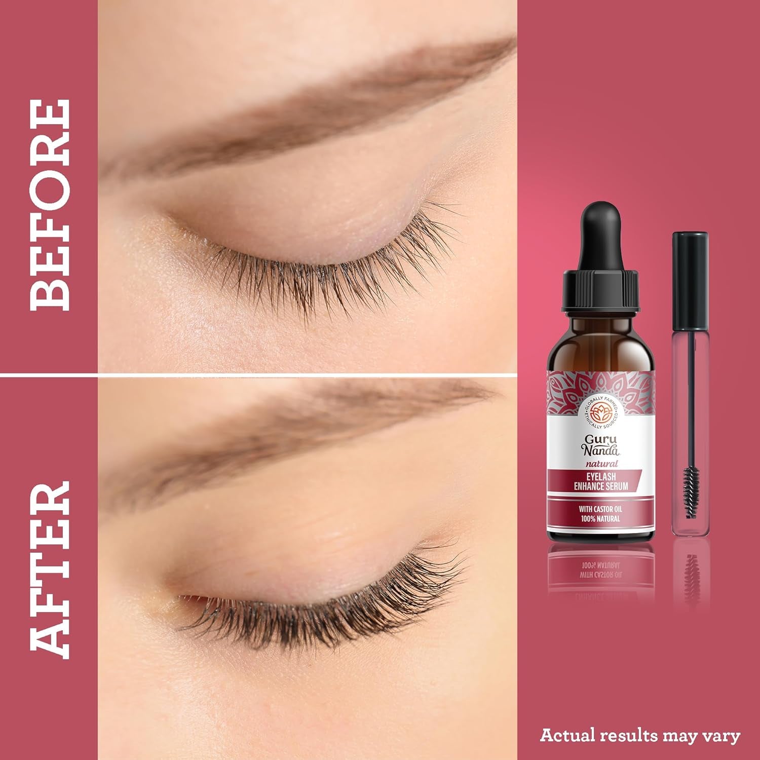 Gurunanda Natural Castor Oil Eyelash Enhance Serum with Rosemary Oil - Brush Applicator & 5 Pipettes, Helps Natural Hair Growth for Eyebrows & Beards, 2 Fl Oz