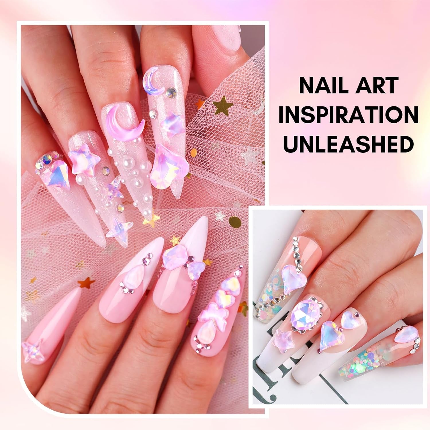 Makartt Nail Charms Rhinestone Glue Kit, 15Ml Gel with 100PCS Pink Rhinestones Gems 3D Decor with Tweezer Acrylic Supply for Nails Techs
