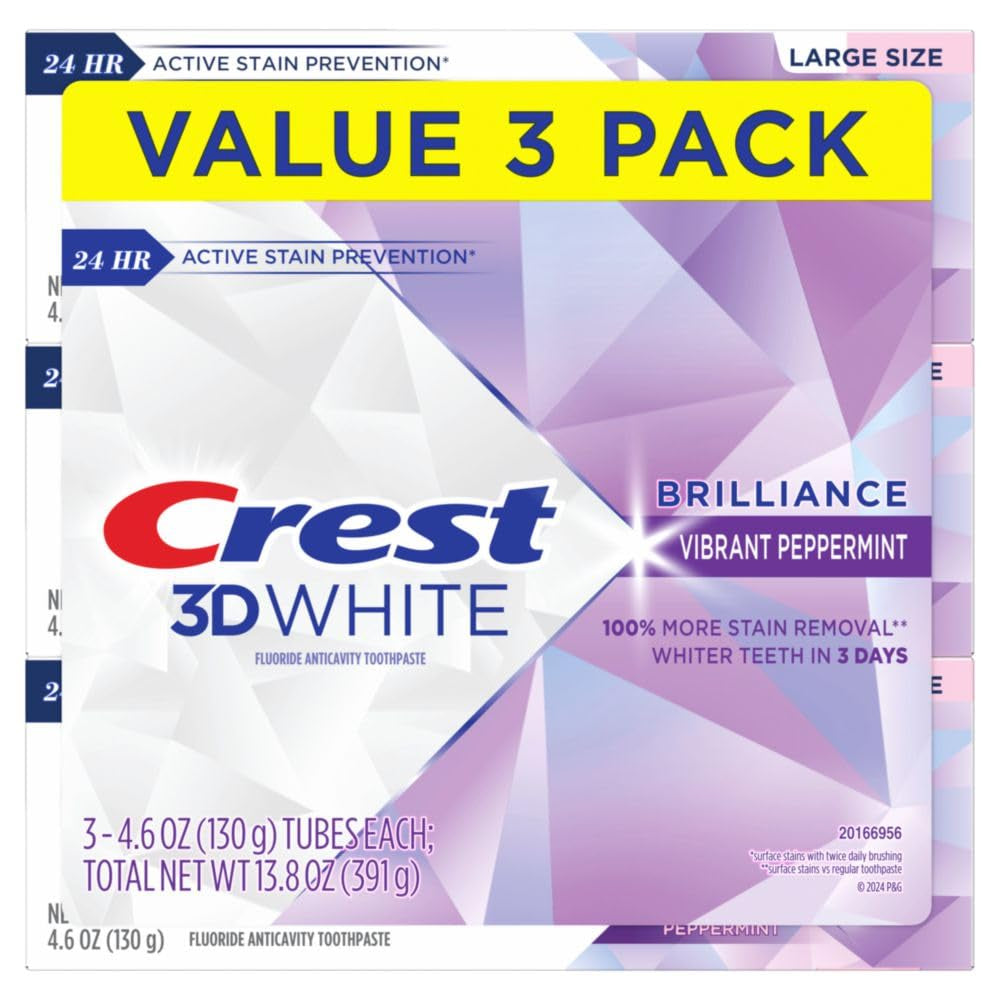 Crest 3D White Brilliance Vibrant Peppermint Teeth Whitening Toothpaste, 4.6 Oz Pack of 3, Anticavity Fluoride Toothpaste, 100% More Surface Stain Removal, 24 Hour Active Stain Prevention