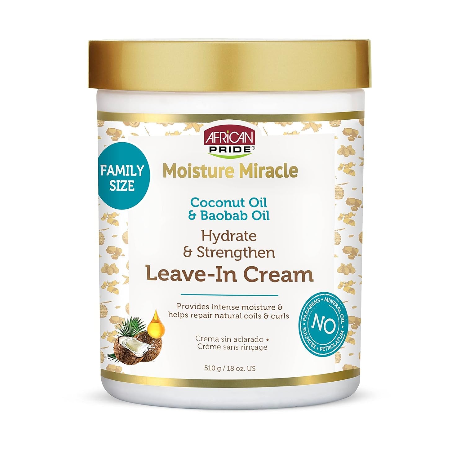 African Pride Moisture Miracle Coconut Oil & Baobab Oil Leave-In Hair Cream - Provides Intense Moisture & Helps Repair Natural Coils & Curls, Hydrates & Strengthens, 18 Oz