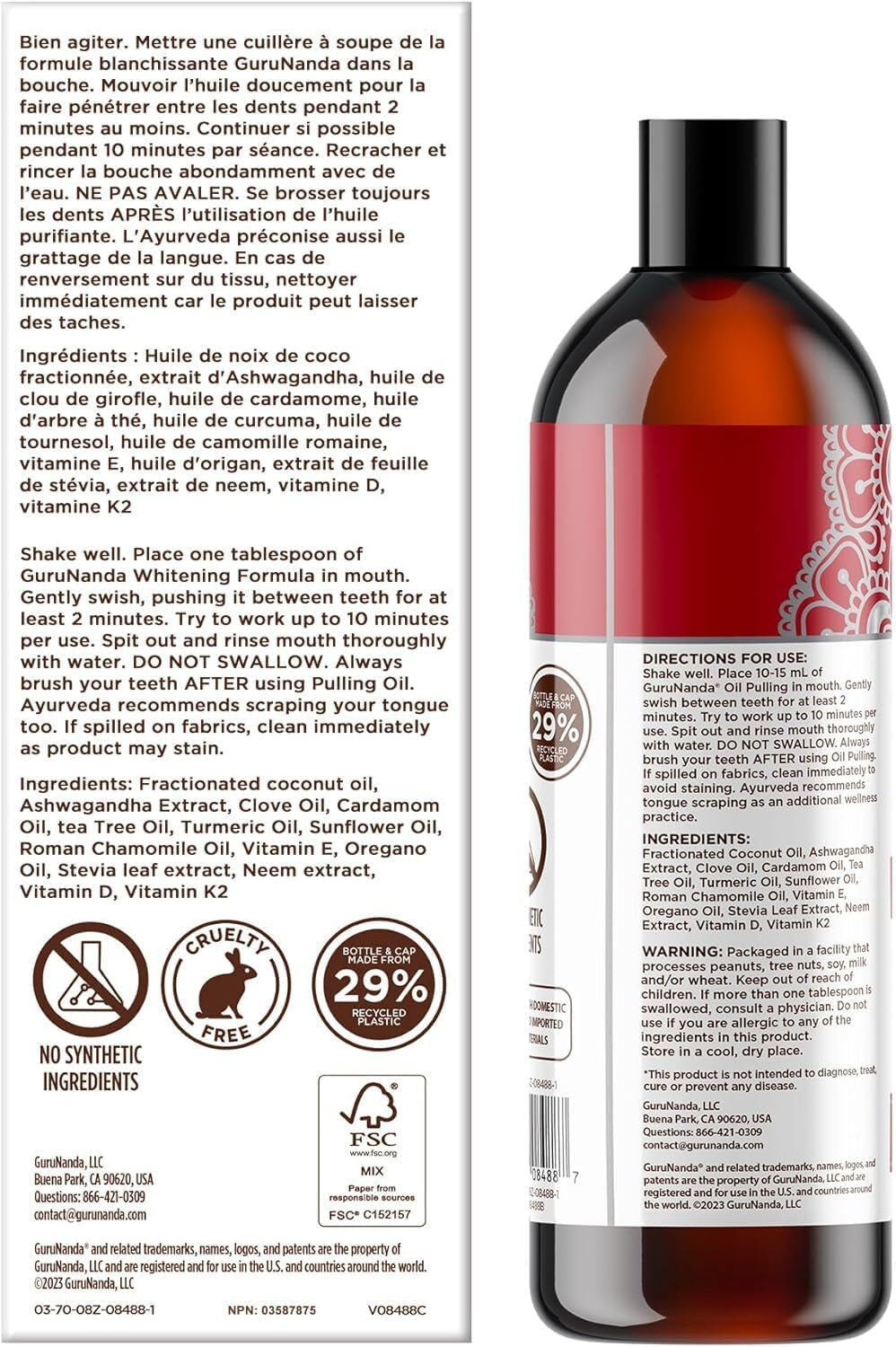 Gurunanda Ashwagandha Oil Pulling with Neem & Roman Chamomile, for Fresh Breath and Happy Gums, Alcohol & Flouride-Free Essential Oil Oral Rinse with Toothbrush & Tongue Scraper, 8 Oz