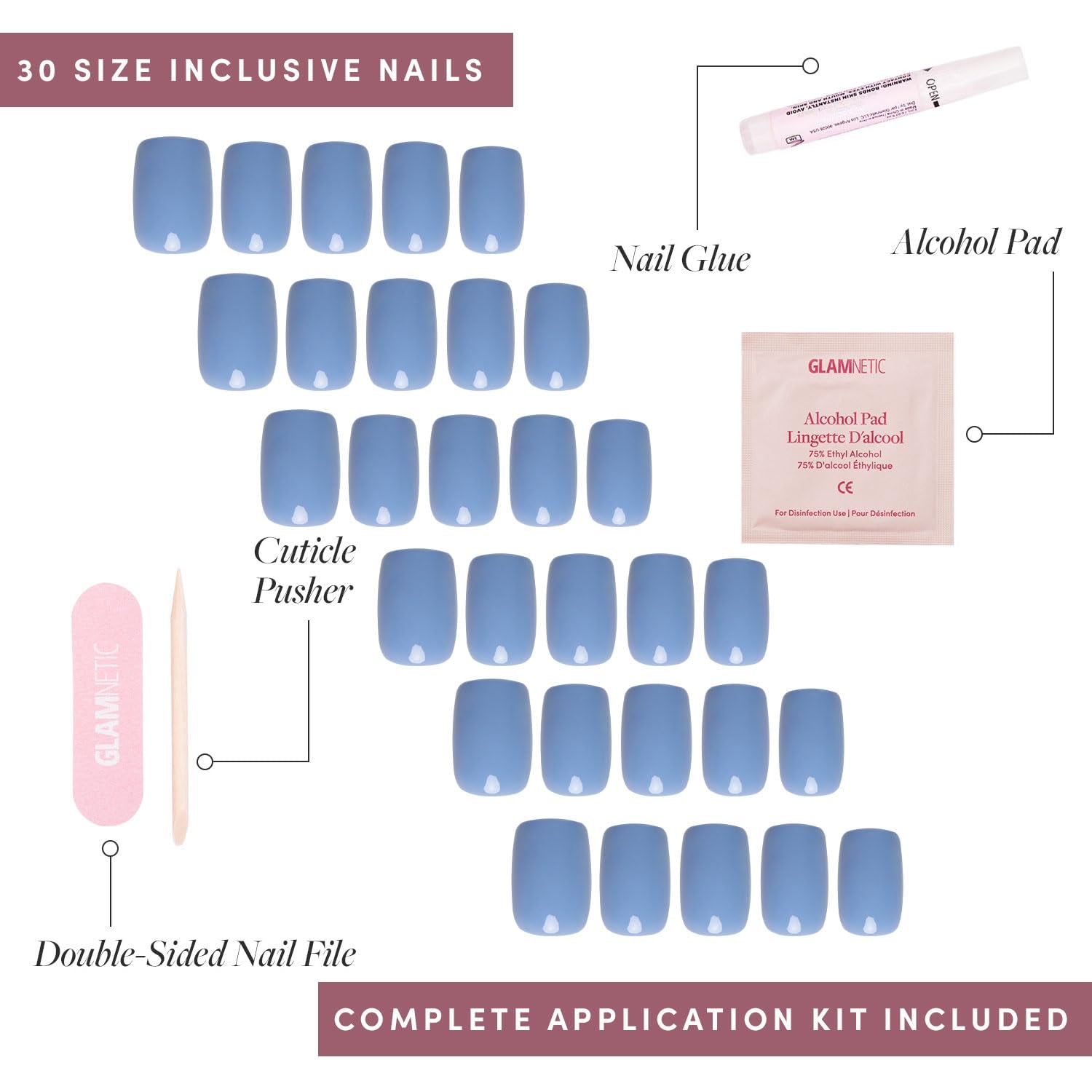 Glamnetic Press on Nails - Cashmere Blue | Opaque Soft Pale Blue Short Squoval False Nails, Reusable Stick on Fake Nails with Glue | Salon Quality | 15 Sizes - 30 Nail Kit