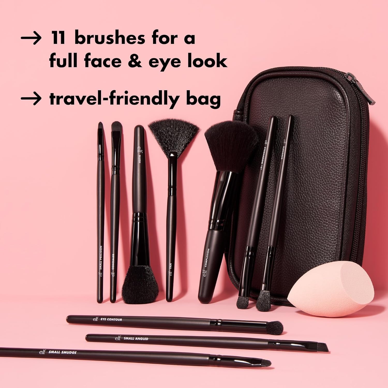 E.L.F. Full Face & Eye Makeup Brush Set with Travel Case, 11 Face & Eye Brushes for Creating a Full Face Makeup Look, Vegan & Cruelty-Free