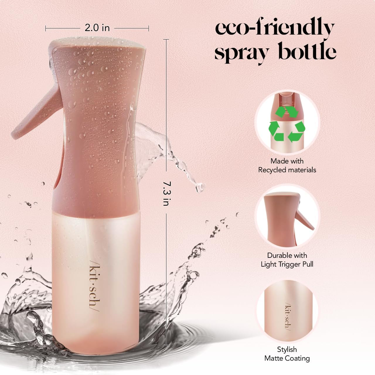 Kitsch Spray Bottle for Hair - Continuous Water Mister with Ultra Fine Mist for Hairstyling, Barbers, Salons, Cleaning, Plants, Versatile Spray Bottles - Made from Recycled Plastic - Terracotta, 5 Oz