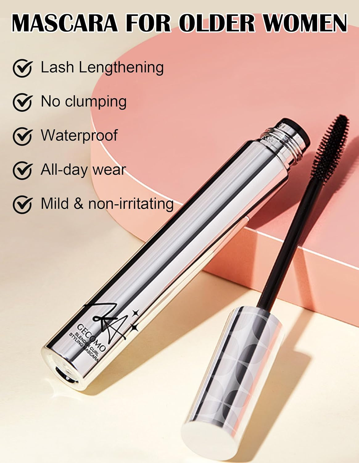 2PCS Mascara for Older Women 60 Plus, Mascara Volume and Length for Mature Women, Hypoallergenic, Sensitive Eyes, No Clumps, Long-Wearing, Waterproof Long Lasting 01