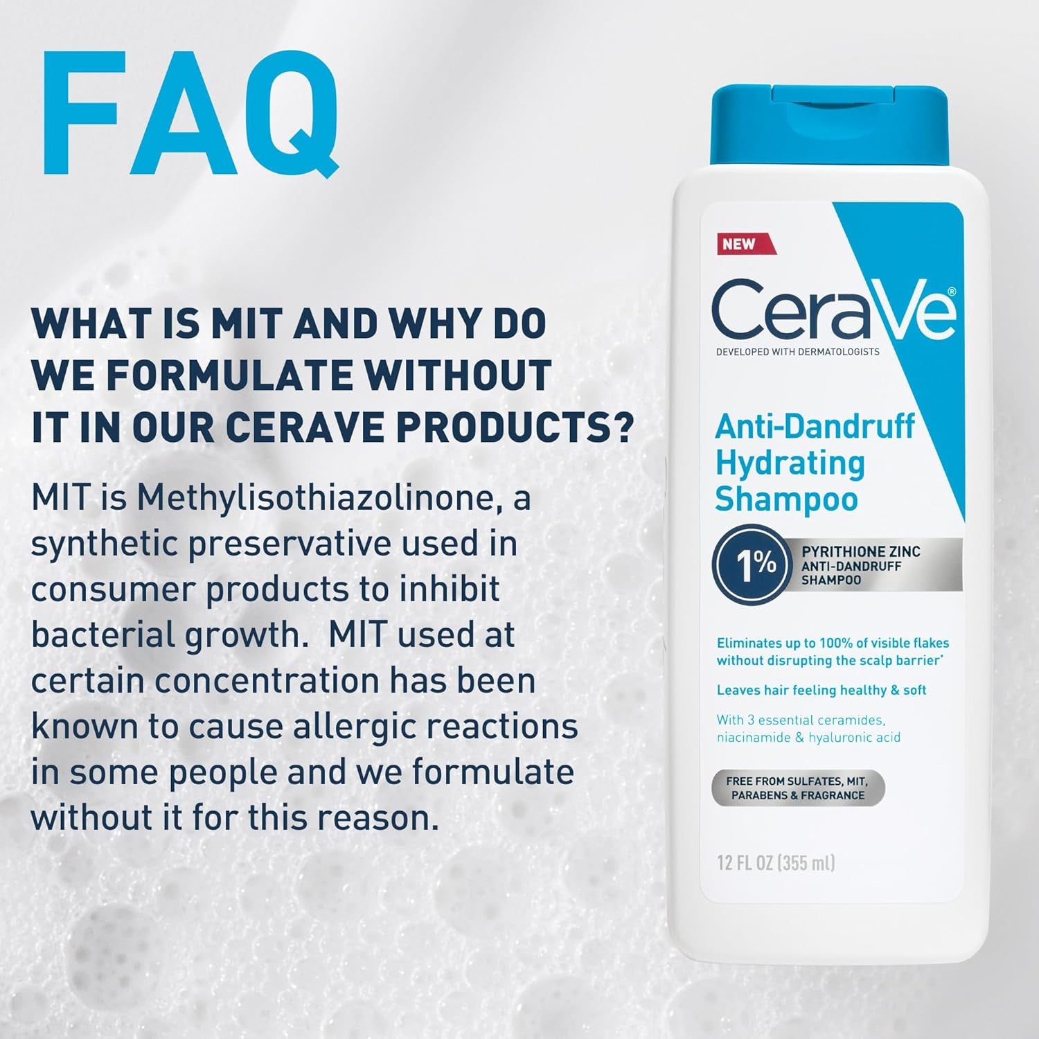 Cerave Hydrating anti Dandruff Shampoo, 1% Pyrithione Zinc Dandruff Treatment with Ceramides, Niacinamide & Hyaluronic Acid, Helps Eliminate Flakes & Provides Itchy Scalp Relief, Sulfate Free, 12 Oz
