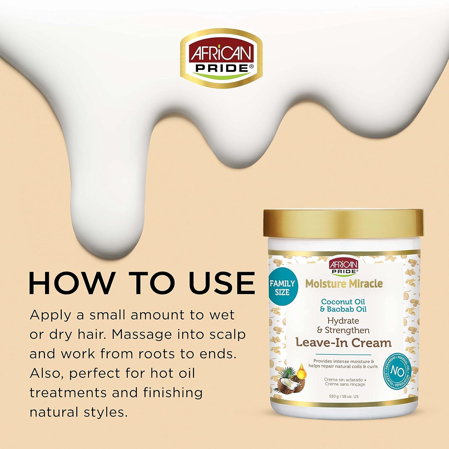 African Pride Moisture Miracle Coconut Oil & Baobab Oil Leave-In Hair Cream - Provides Intense Moisture & Helps Repair Natural Coils & Curls, Hydrates & Strengthens, 18 Oz