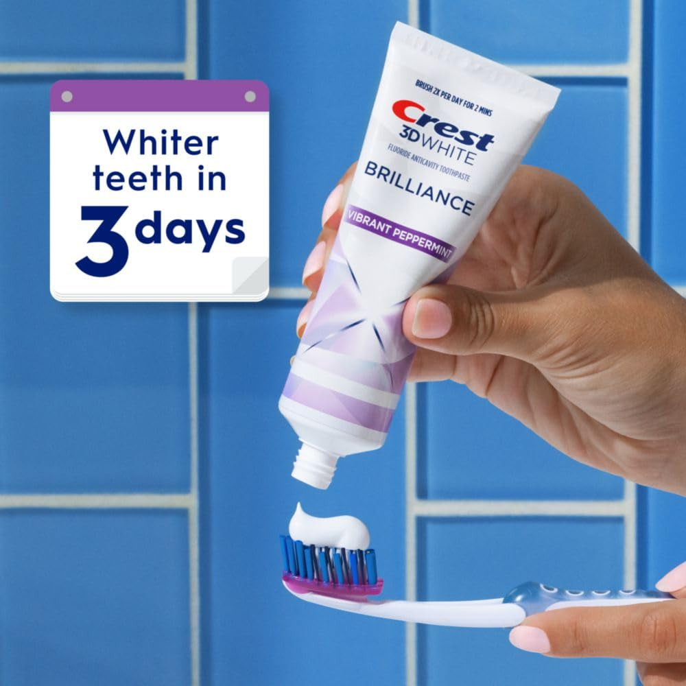 Crest 3D White Brilliance Vibrant Peppermint Teeth Whitening Toothpaste, 4.6 Oz Pack of 3, Anticavity Fluoride Toothpaste, 100% More Surface Stain Removal, 24 Hour Active Stain Prevention