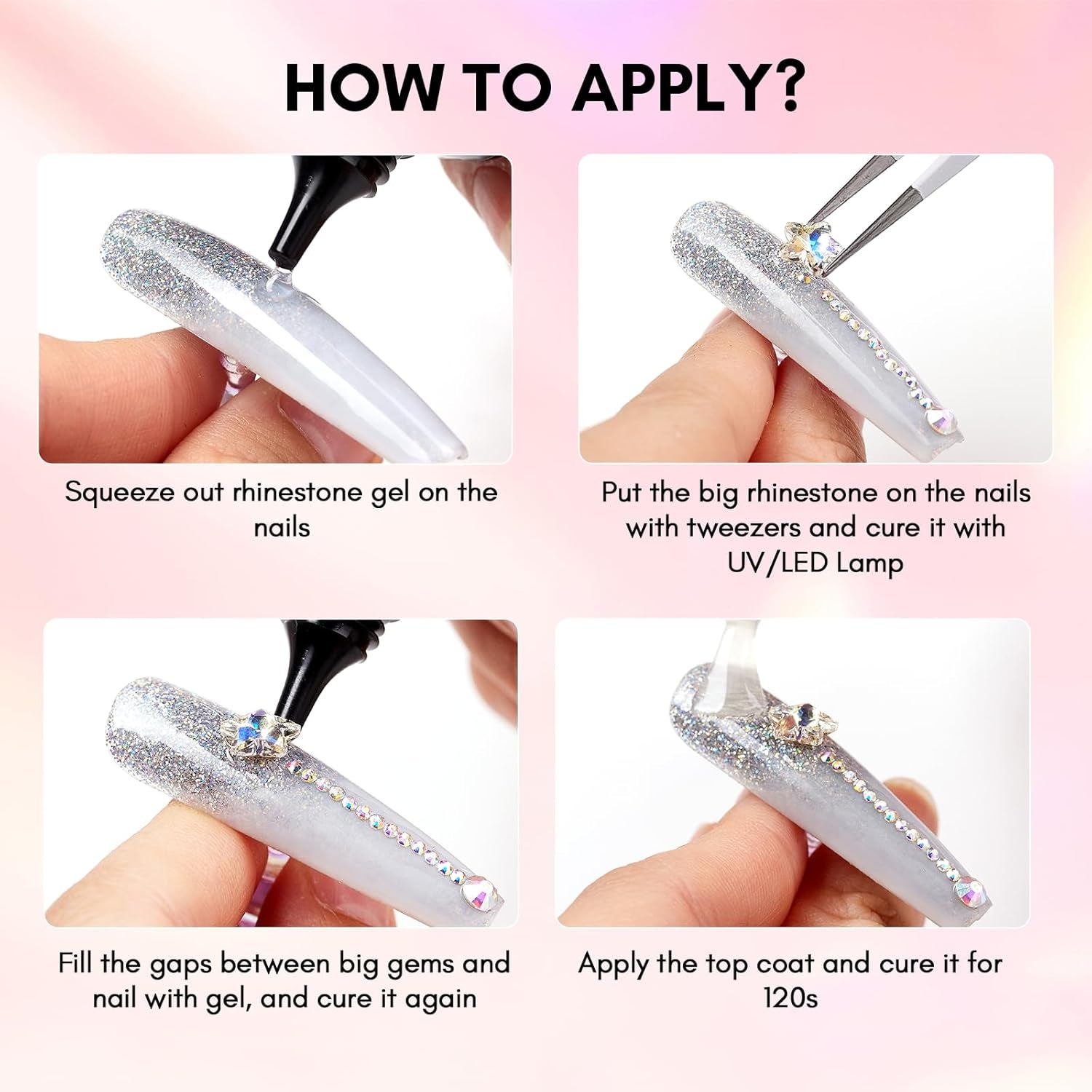 Makartt Nail Charms Rhinestone Glue Kit, 15Ml Gel with 100PCS Pink Rhinestones Gems 3D Decor with Tweezer Acrylic Supply for Nails Techs
