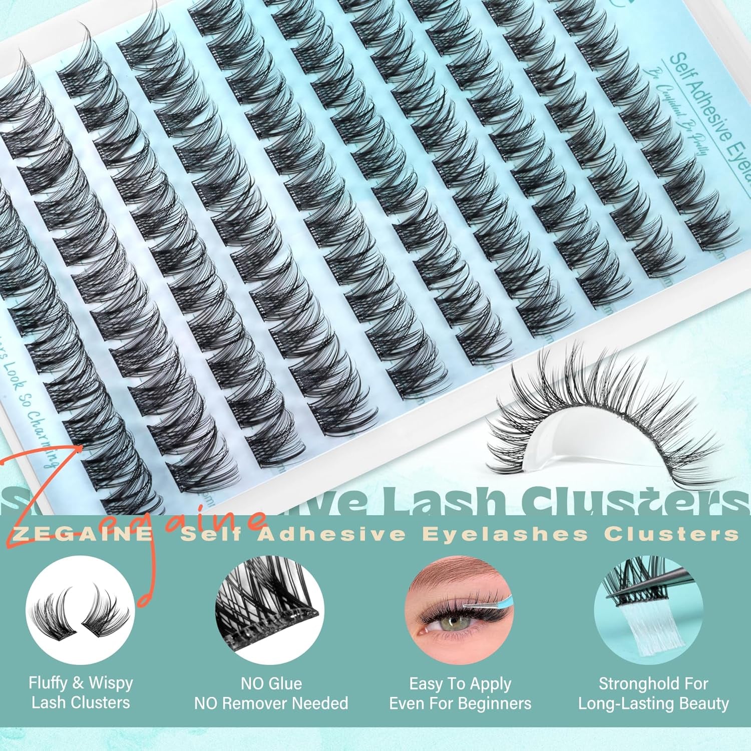 Self Adhesive Lash Clusters Natural Self Adhesive Eyelashes Glueless Lashes Cat Eye Pre Glued Lashes Reusable Wispy Cluster Lashes No Glue Needed Fluffy Self Adhesive Lashes 10-16MM by Zegaine