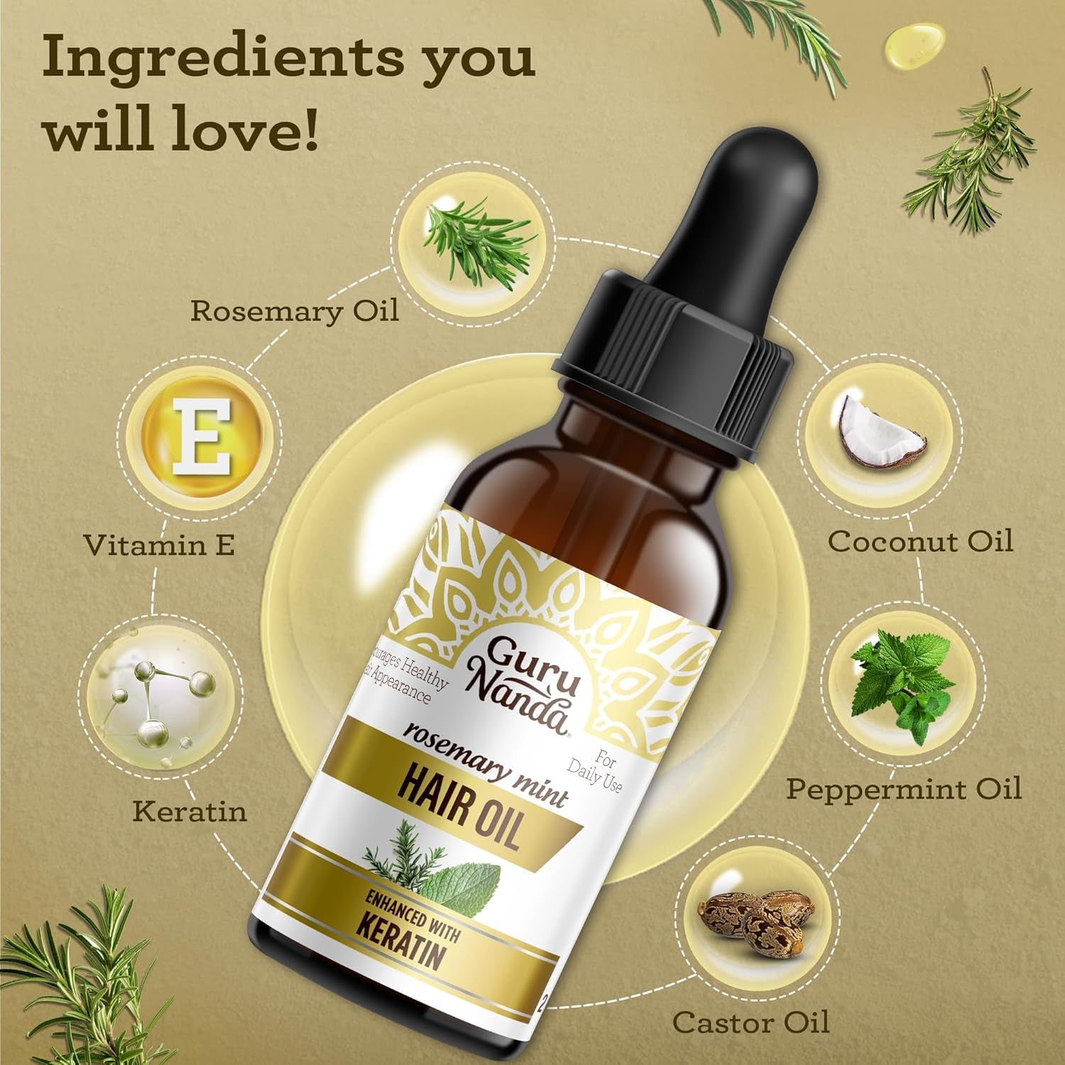 Gurunanda Rosemary Mint for Hair Growth with Keratin & Vitamin E Oil - Encourages Scalp, Shine & Hair Strengthening- 100% Natural, Cruelty-Free, 2Oz