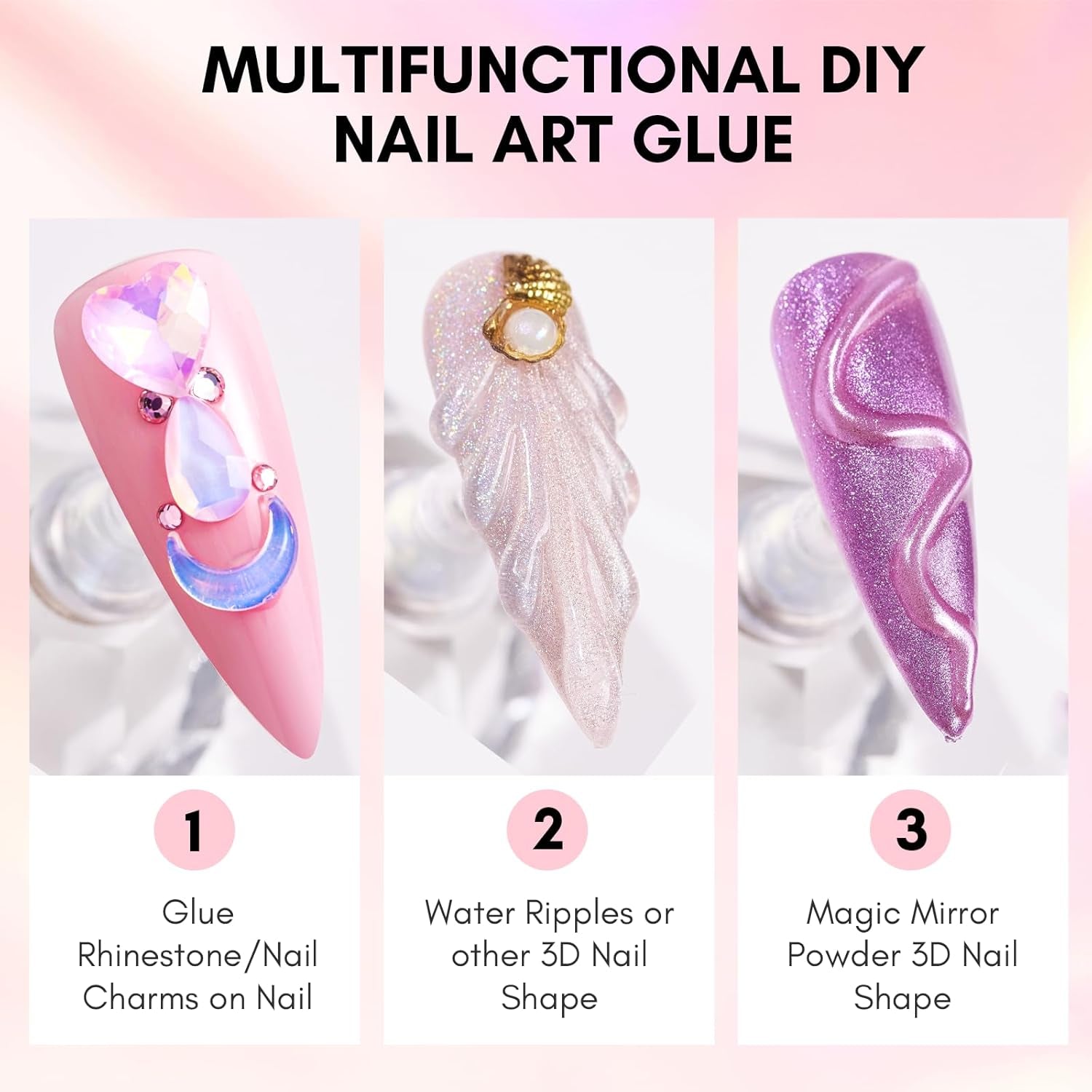 Makartt Nail Charms Rhinestone Glue Kit, 15Ml Gel with 100PCS Pink Rhinestones Gems 3D Decor with Tweezer Acrylic Supply for Nails Techs