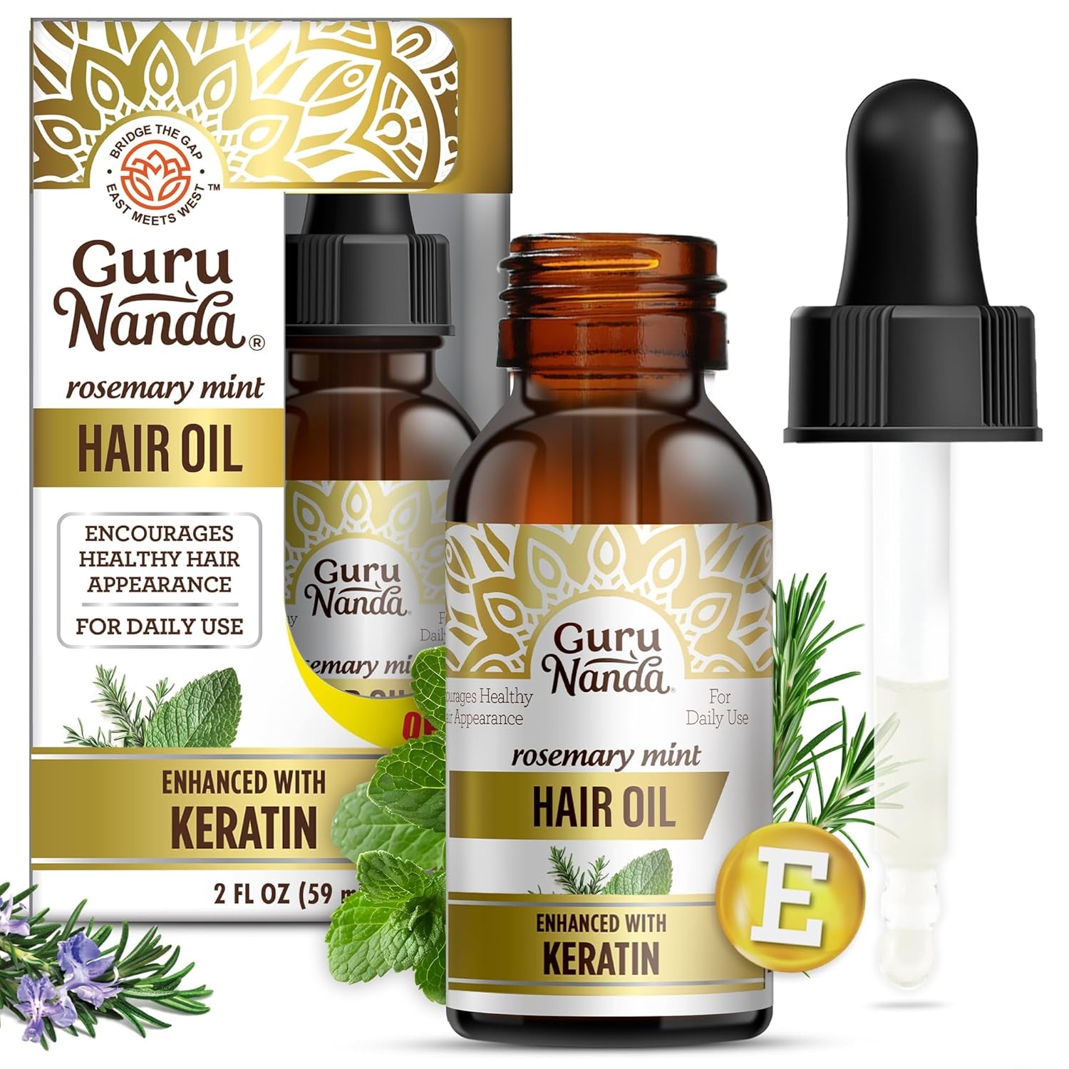 Gurunanda Rosemary Mint for Hair Growth with Keratin & Vitamin E Oil - Encourages Scalp, Shine & Hair Strengthening- 100% Natural, Cruelty-Free, 2Oz