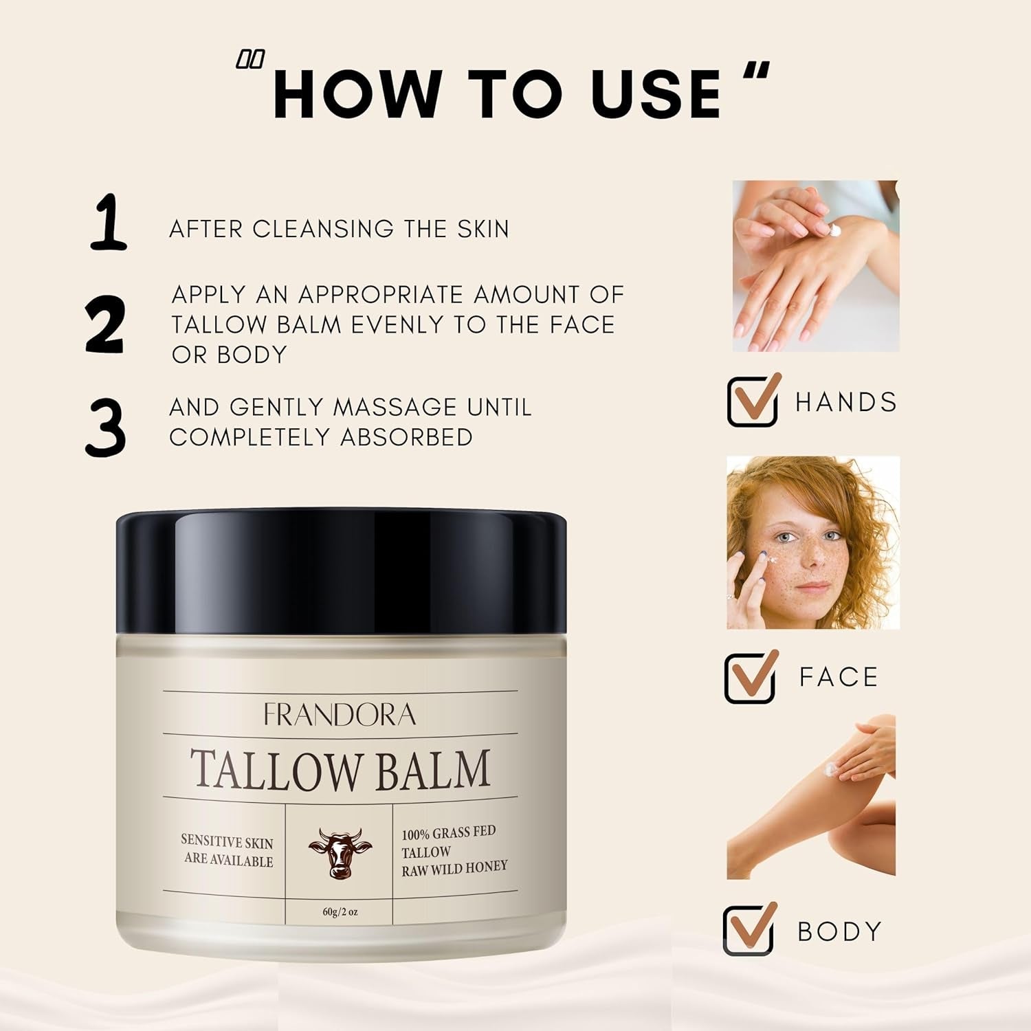 Beef Tallow and Honey Balm for Skin, All-Natural Moisturizer for Face and Body, Hydrating Grass-Fed Beef Tallow & Raw Wild Honey Blend