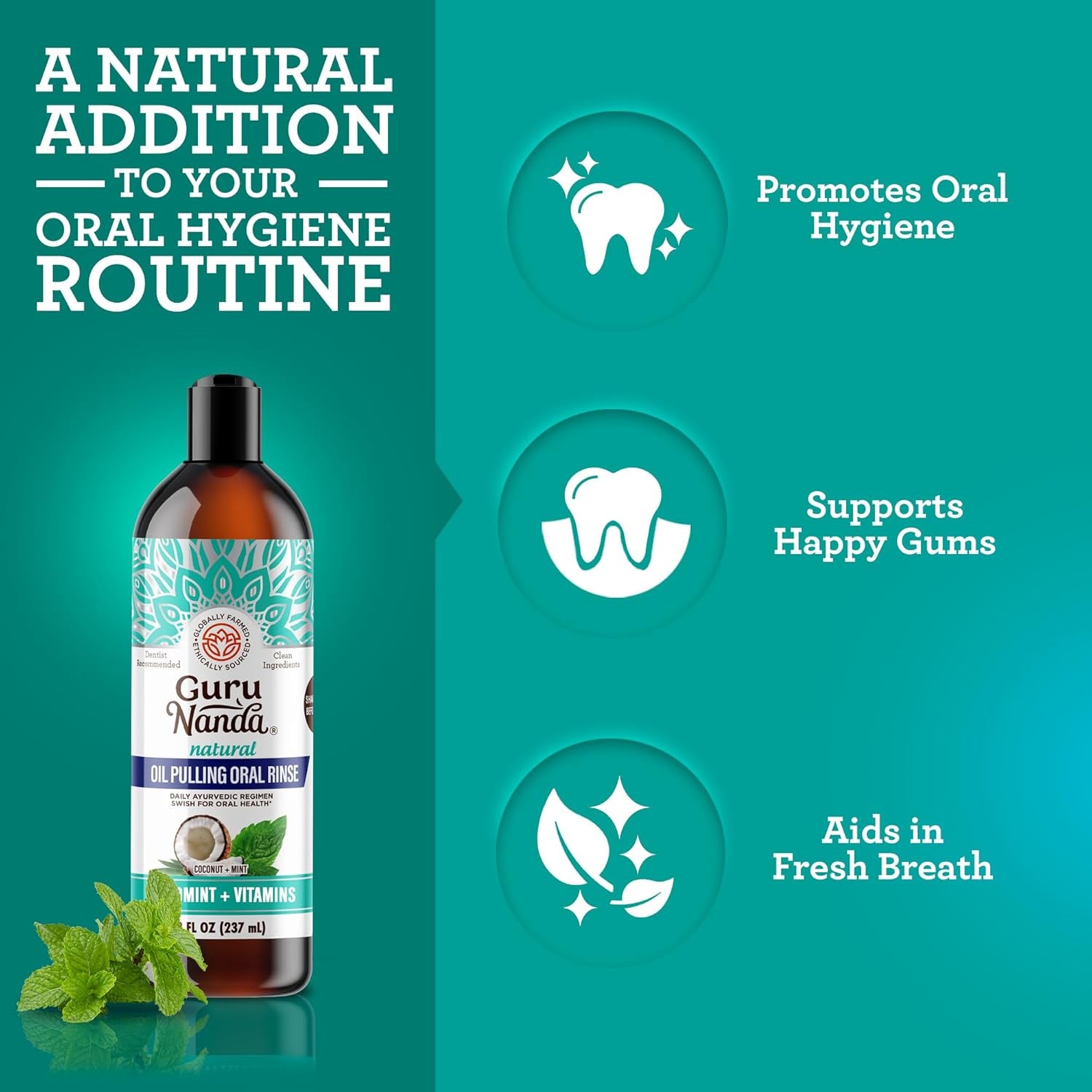 Gurunanda Cocomint Oil Pulling Mouthwash for Complete Oral Hygiene, 7 Essential Oils & Vitamins for Happy Teeth & Gums & Fresh Breath , Alcohol-Free, 8 Oz