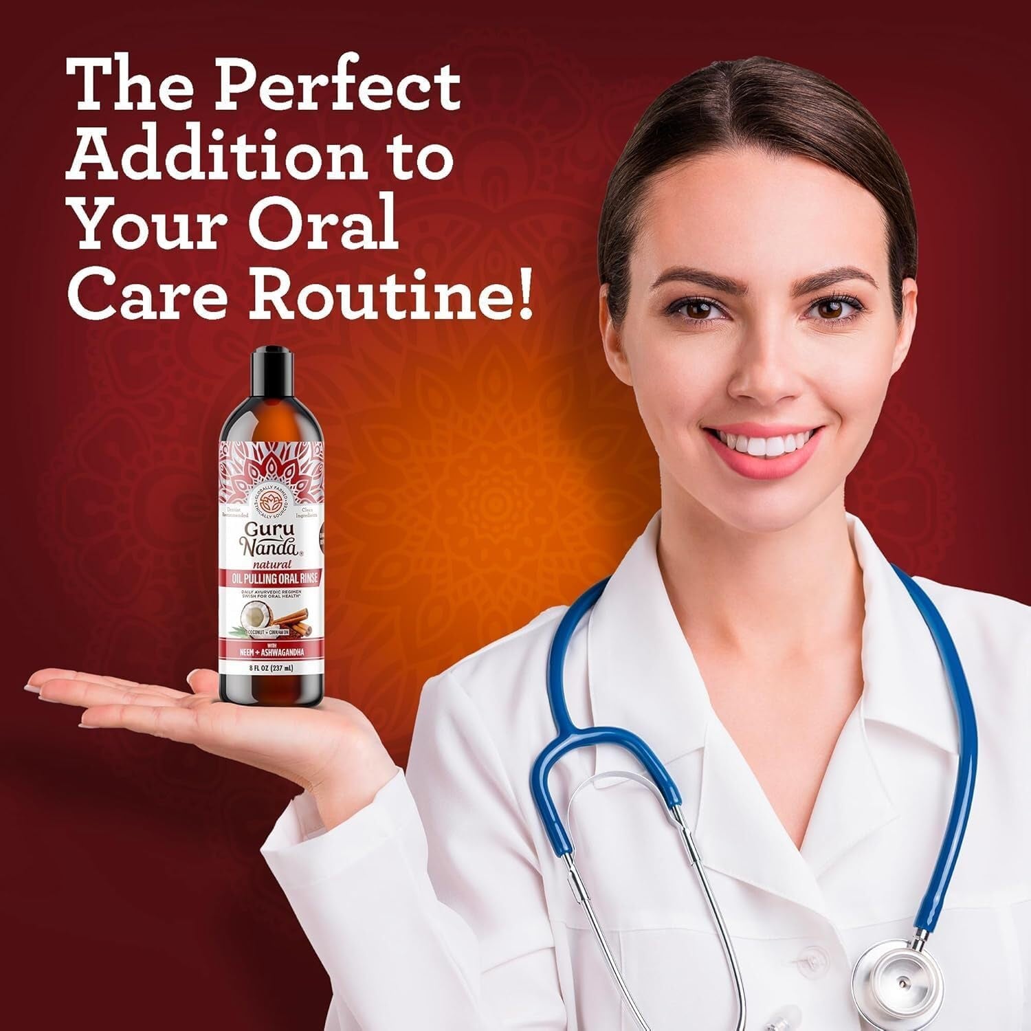 Gurunanda Ashwagandha Oil Pulling with Neem & Roman Chamomile, for Fresh Breath and Happy Gums, Alcohol & Flouride-Free Essential Oil Oral Rinse with Toothbrush & Tongue Scraper, 8 Oz