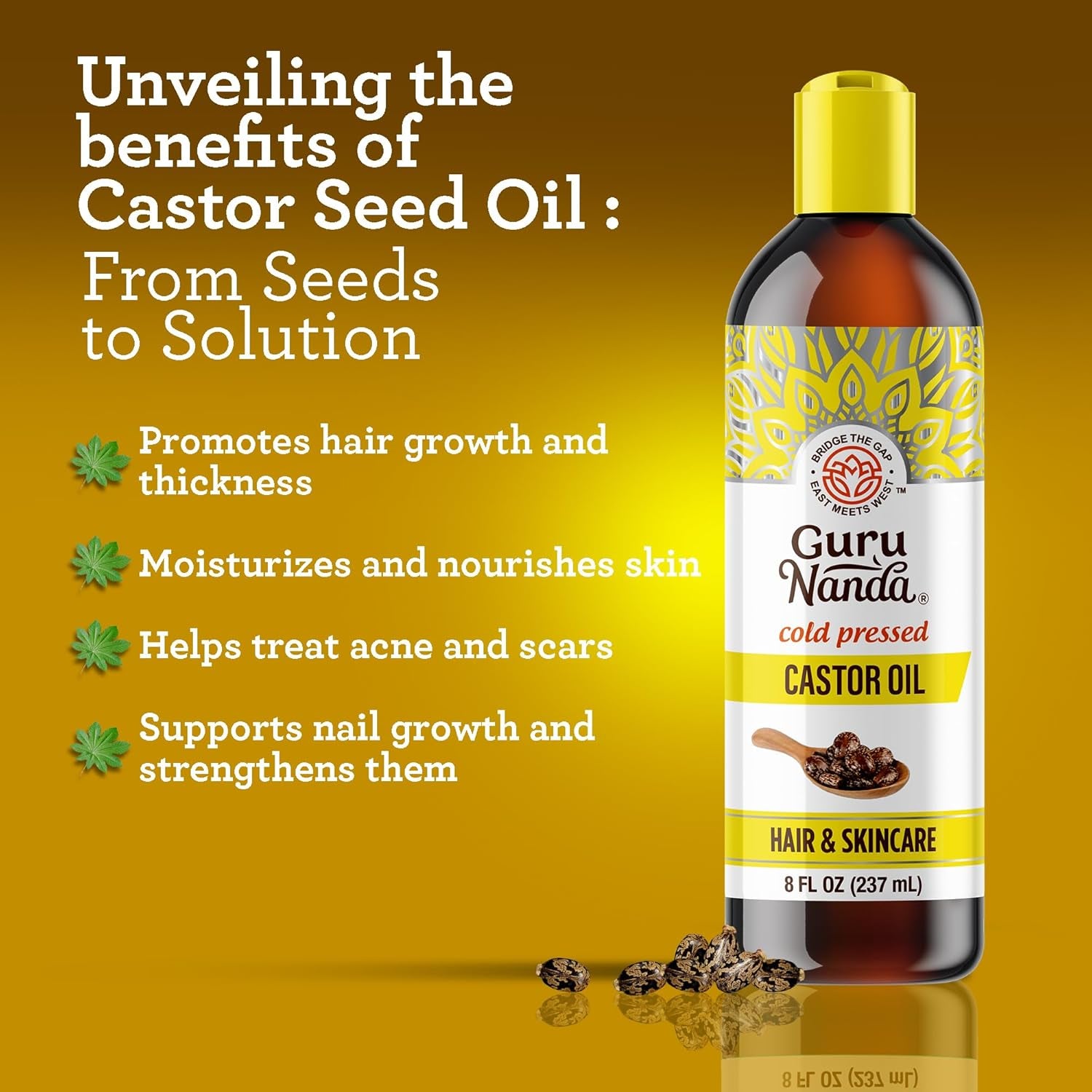 Gurunanda Castor Oil (8 Fl Oz), 100% Pure, Cold Pressed & Hexane-Free, Hydrating Carrier Oil, Natural Castor Oil for Hair, Eyebrows & Eyelashes Growth