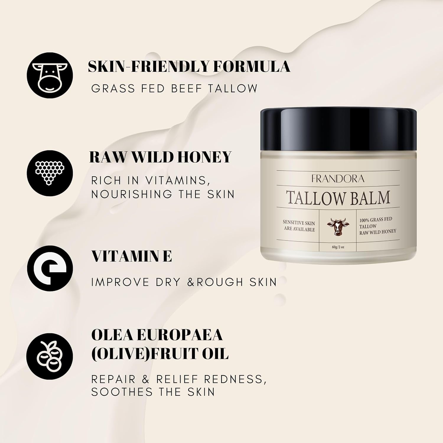 Beef Tallow and Honey Balm for Skin, All-Natural Moisturizer for Face and Body, Hydrating Grass-Fed Beef Tallow & Raw Wild Honey Blend