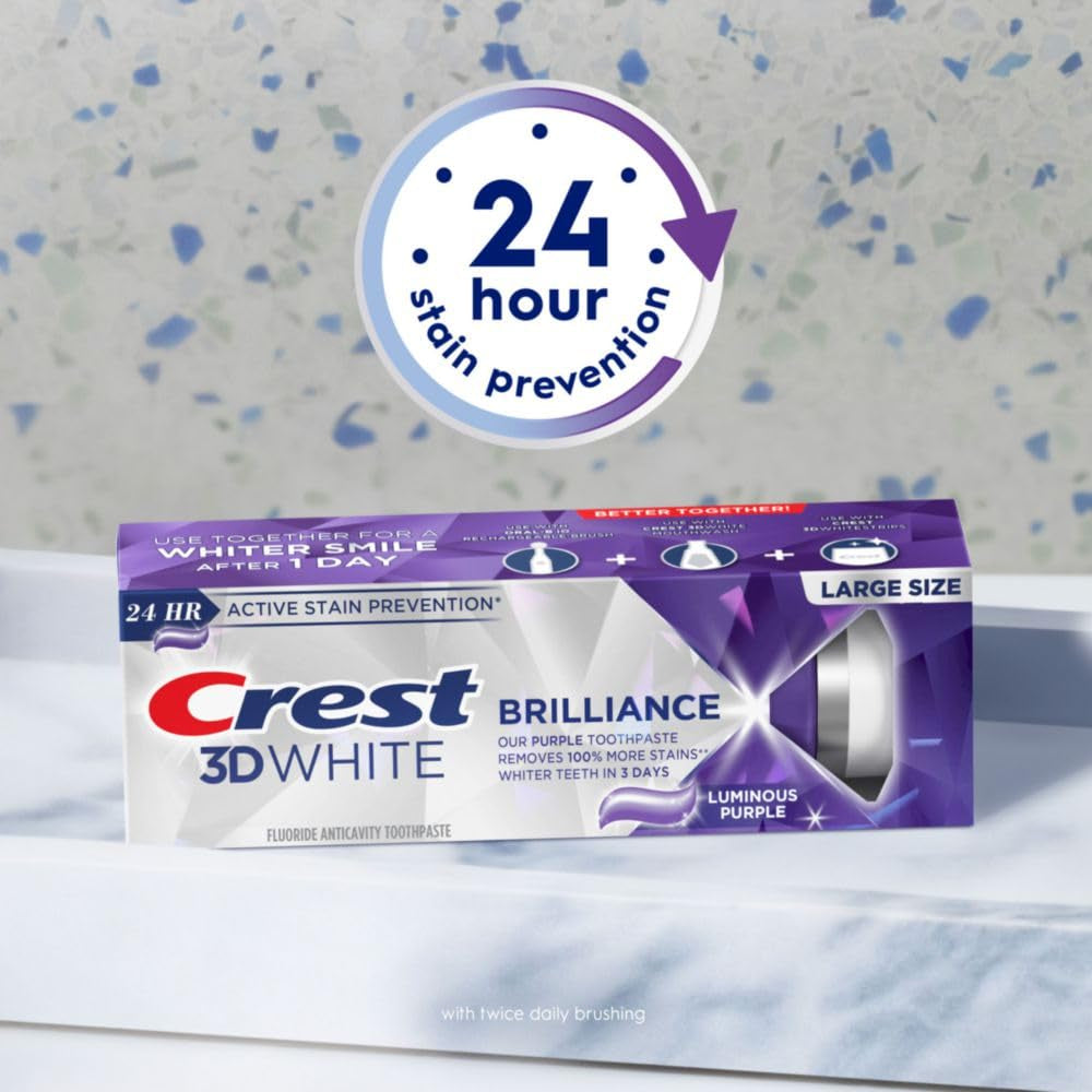 Crest 3D White Brilliance Luminous Purple Teeth Whitening Toothpaste, 4.6 Oz Pack of 3, Anticavity Fluoride Toothpaste, Fights 100% More Surface Stains, 24 Hour Active Stain Prevention
