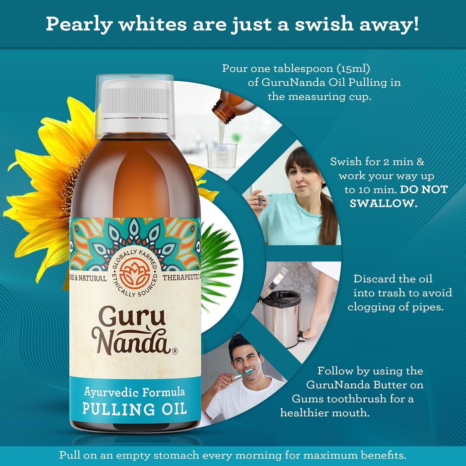 Gurunanda Original Oil Pulling Mouthwash, Promotes Deep Cleaning, with Coconut & Sesame for Teeth & Gum Health & Fresh Breath, Alcohol-Free, 8.45 Fl Oz